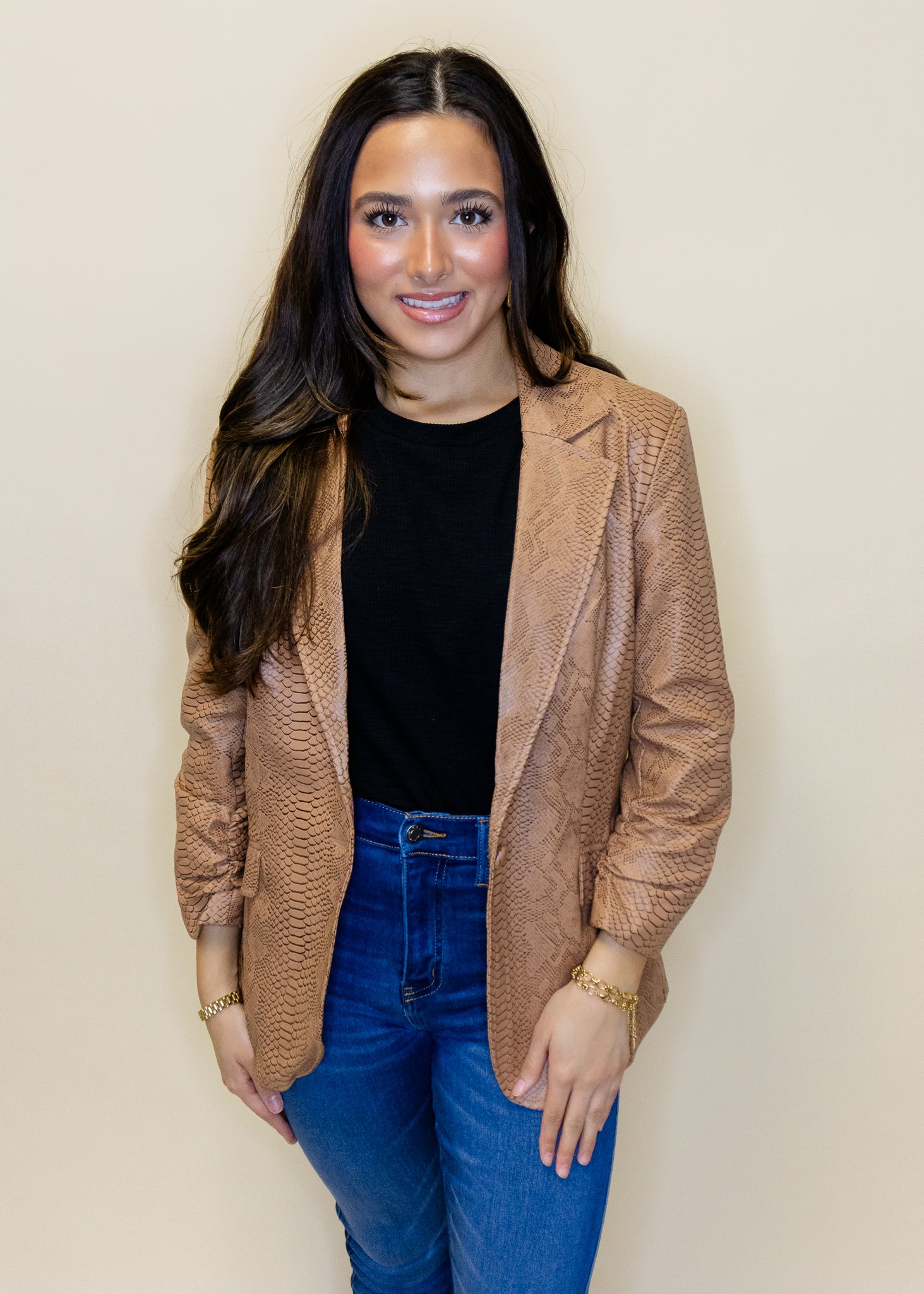 Camel Animal Print Faux Leather Blazer