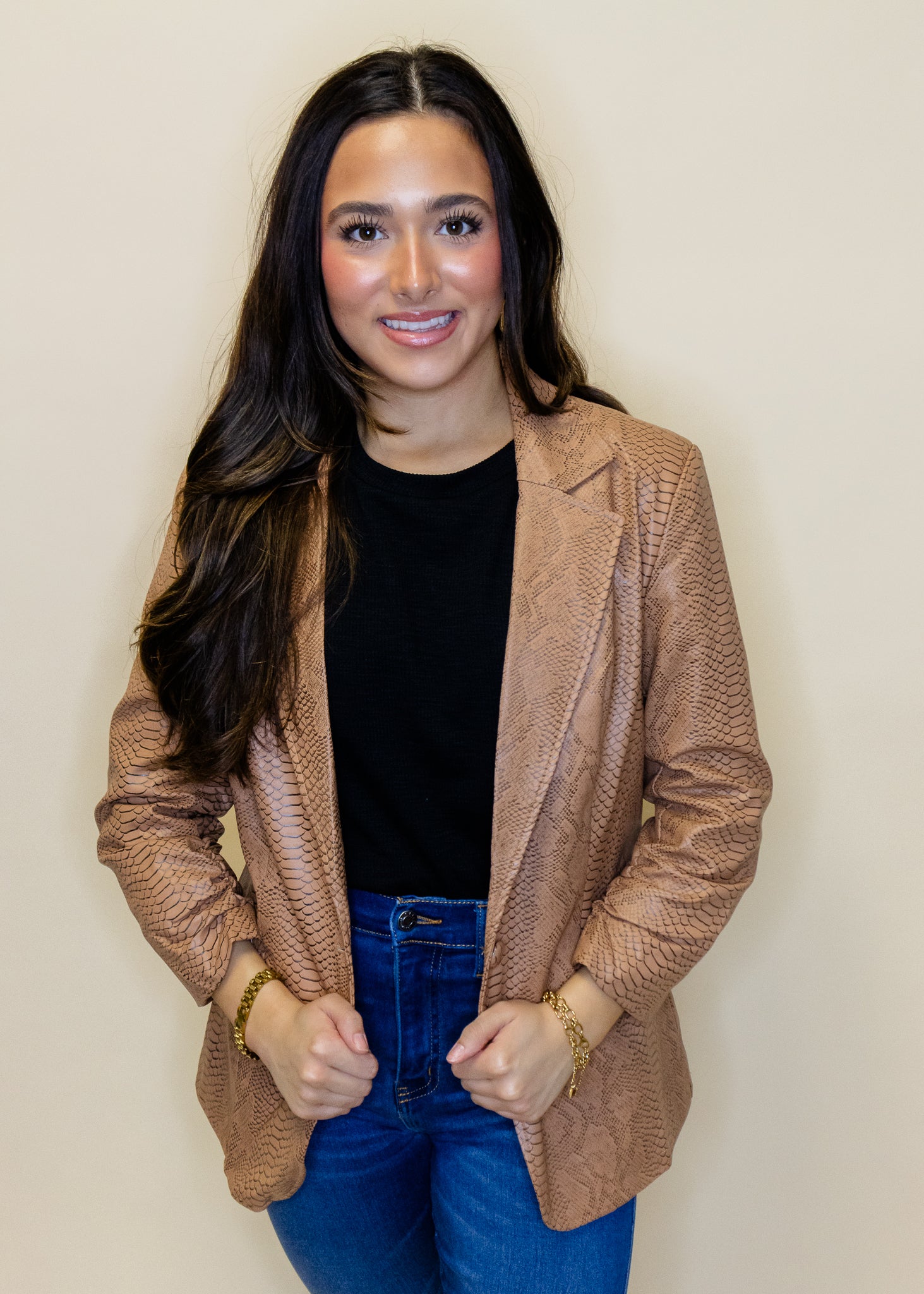 Camel Animal Print Faux Leather Blazer