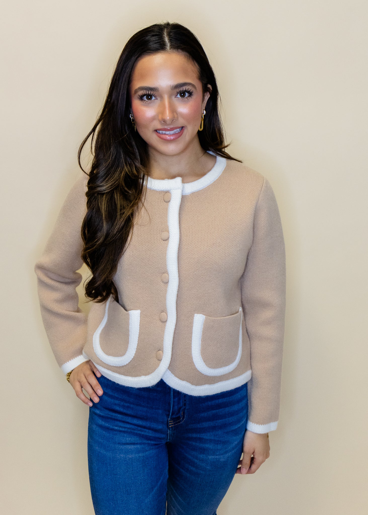 Tan Contrast Pocket Cardigan