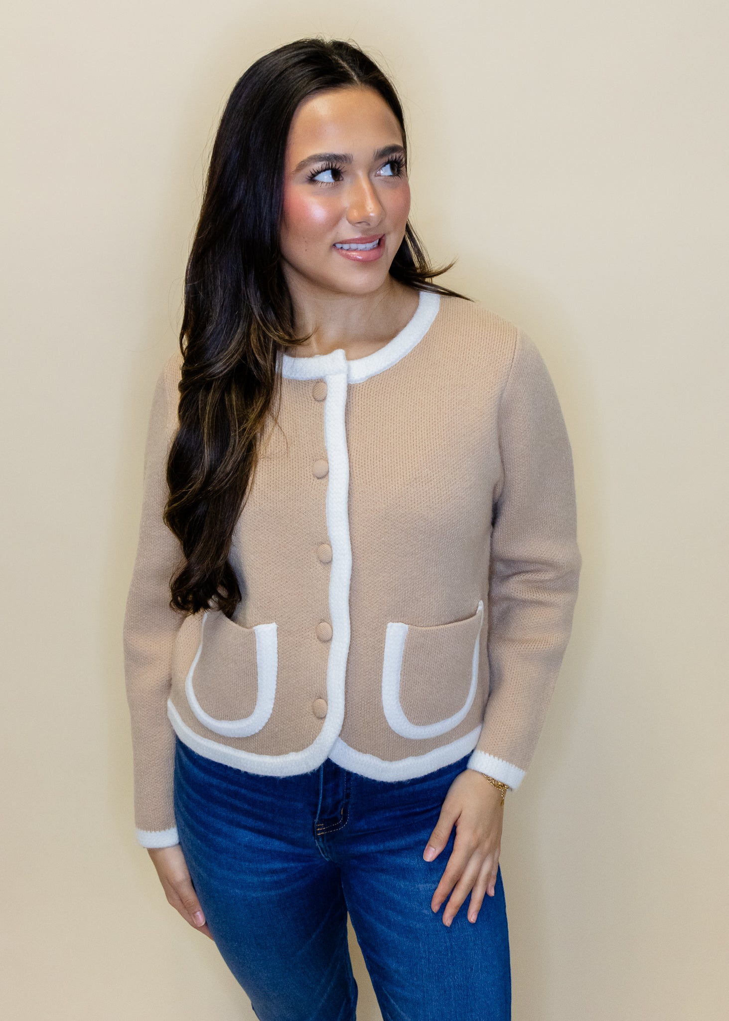 Tan Contrast Pocket Cardigan