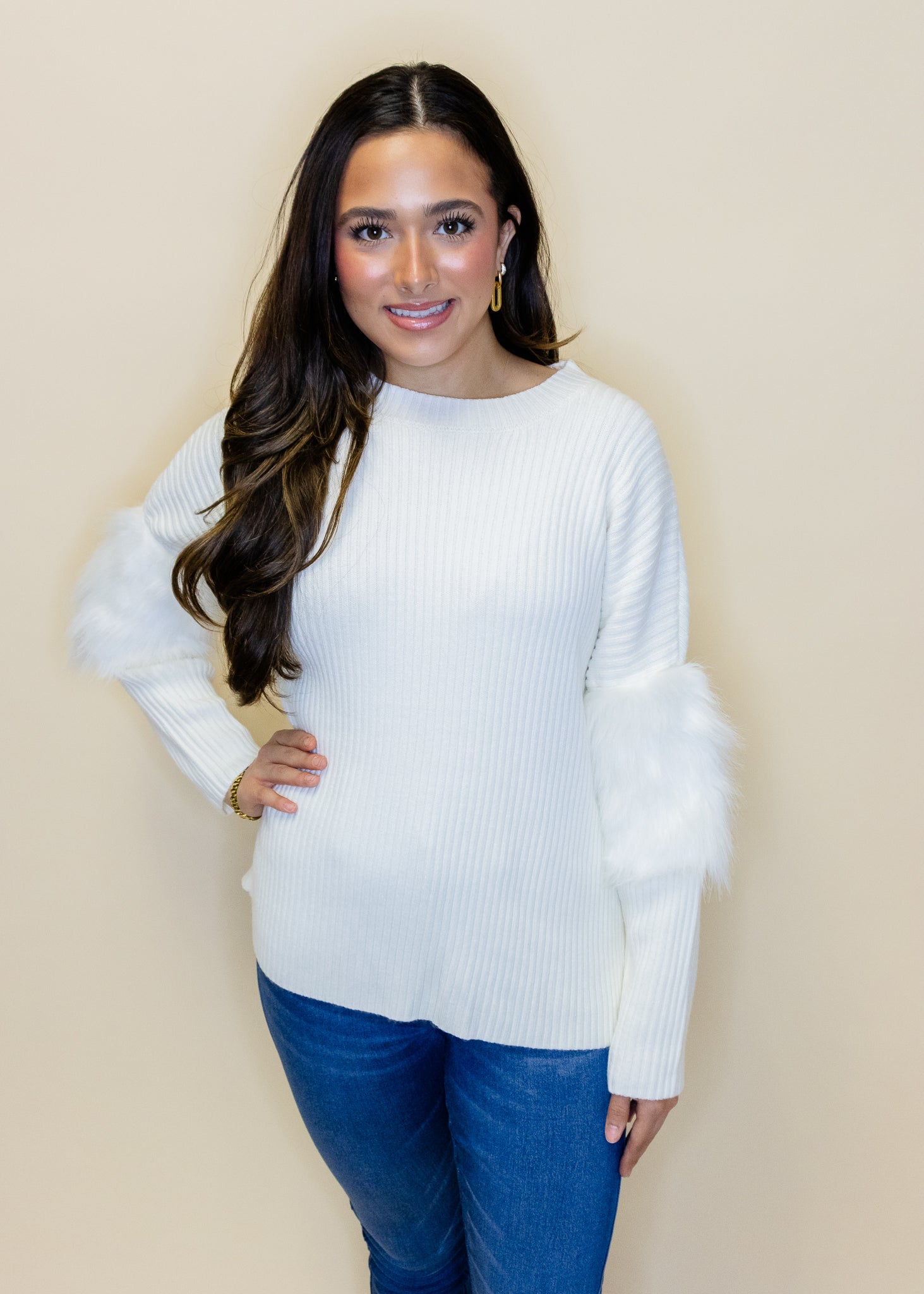 Cream Fur Sleeve Sweater