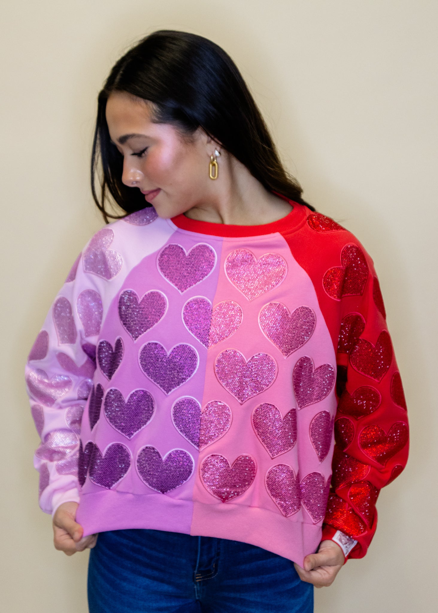 Colorblock Rhinestone Hearts Sweatshirt
