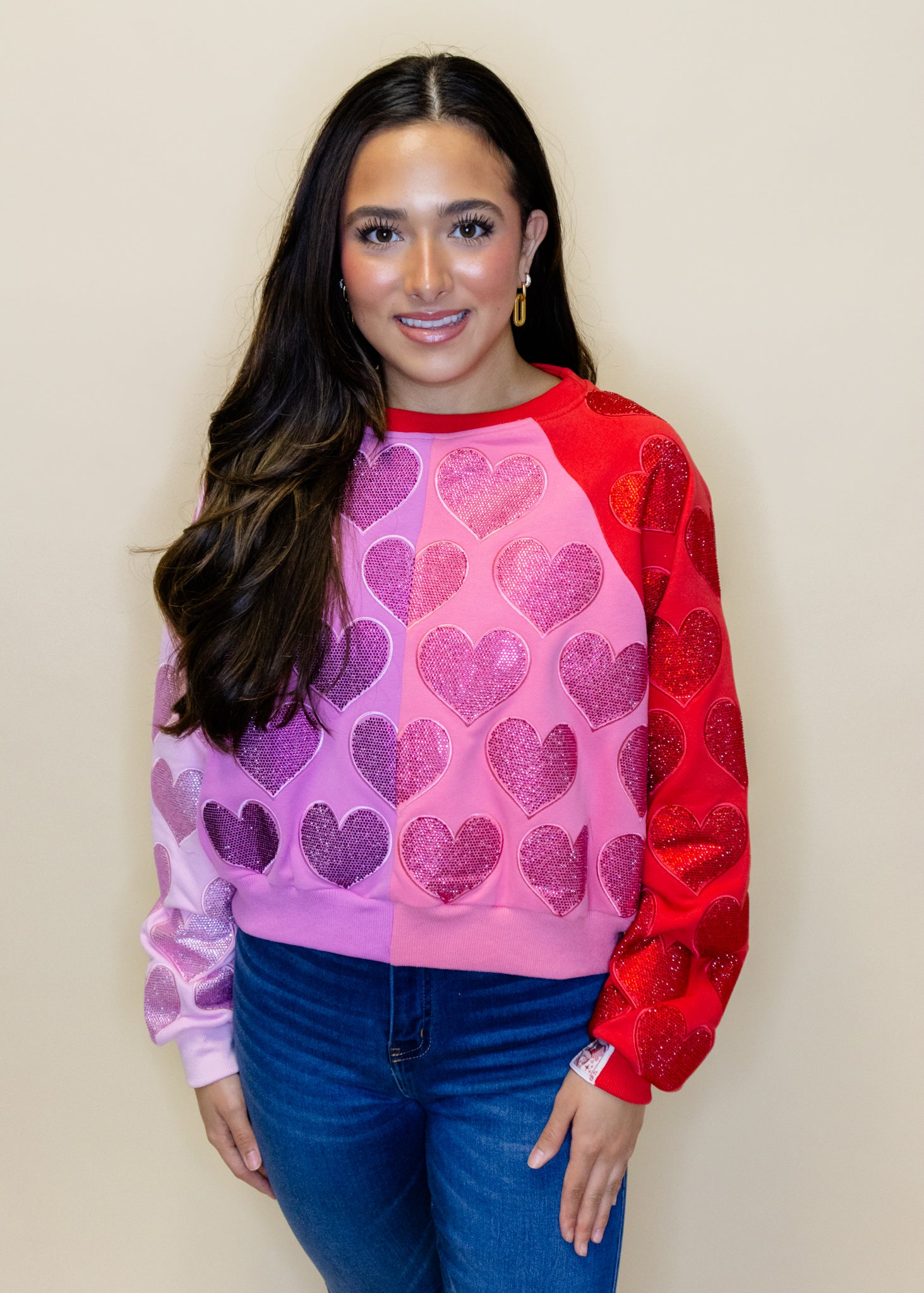 Colorblock Rhinestone Hearts Sweatshirt