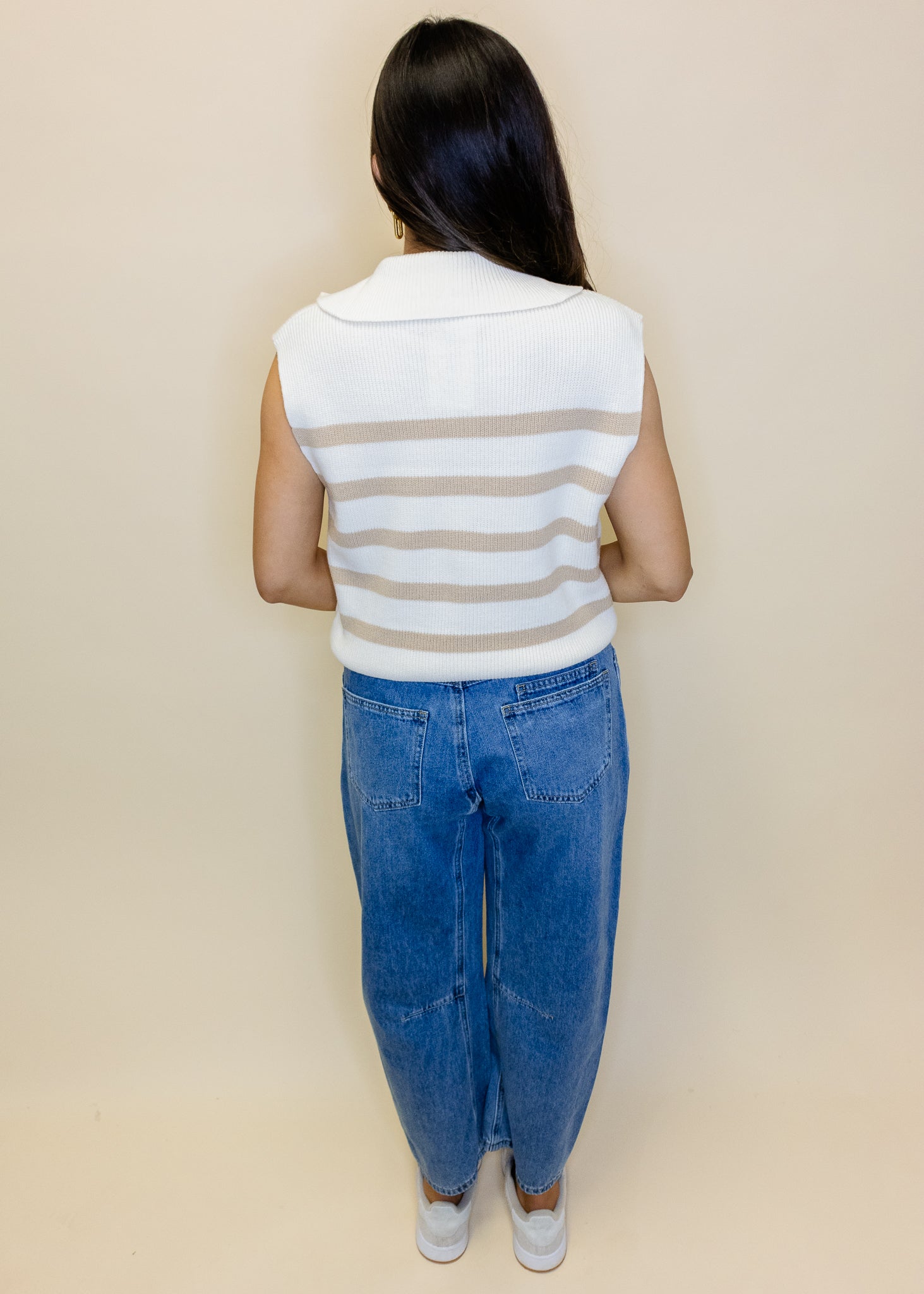 Cream Stripe Zip Crop Top