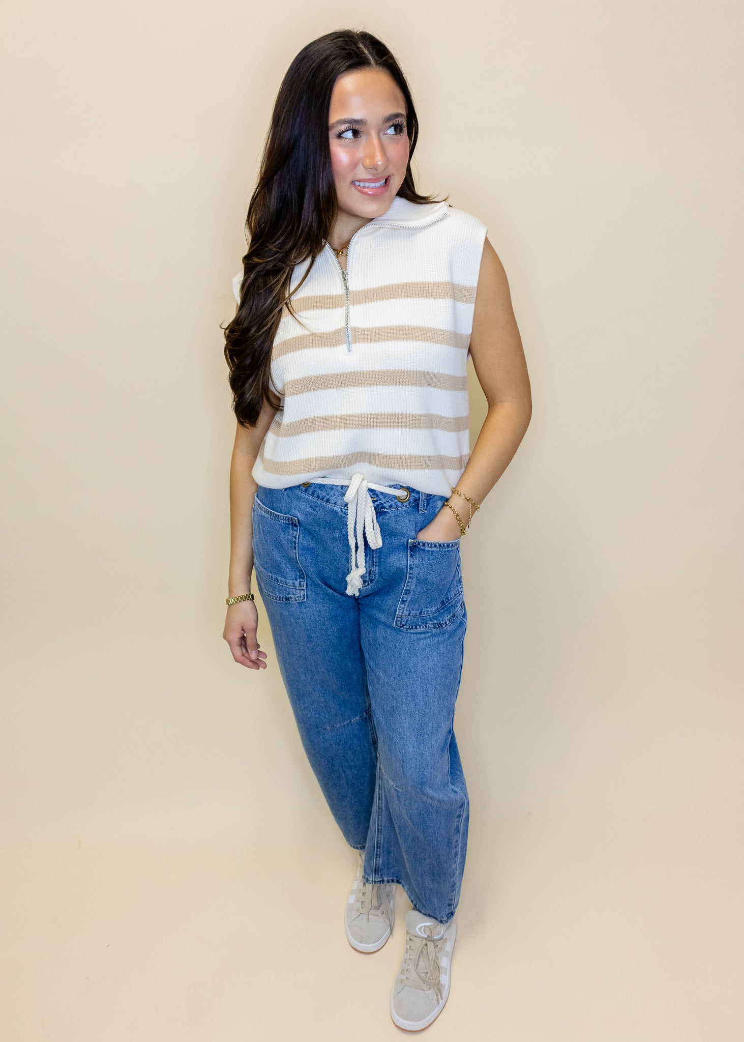 Cream Stripe Zip Crop Top
