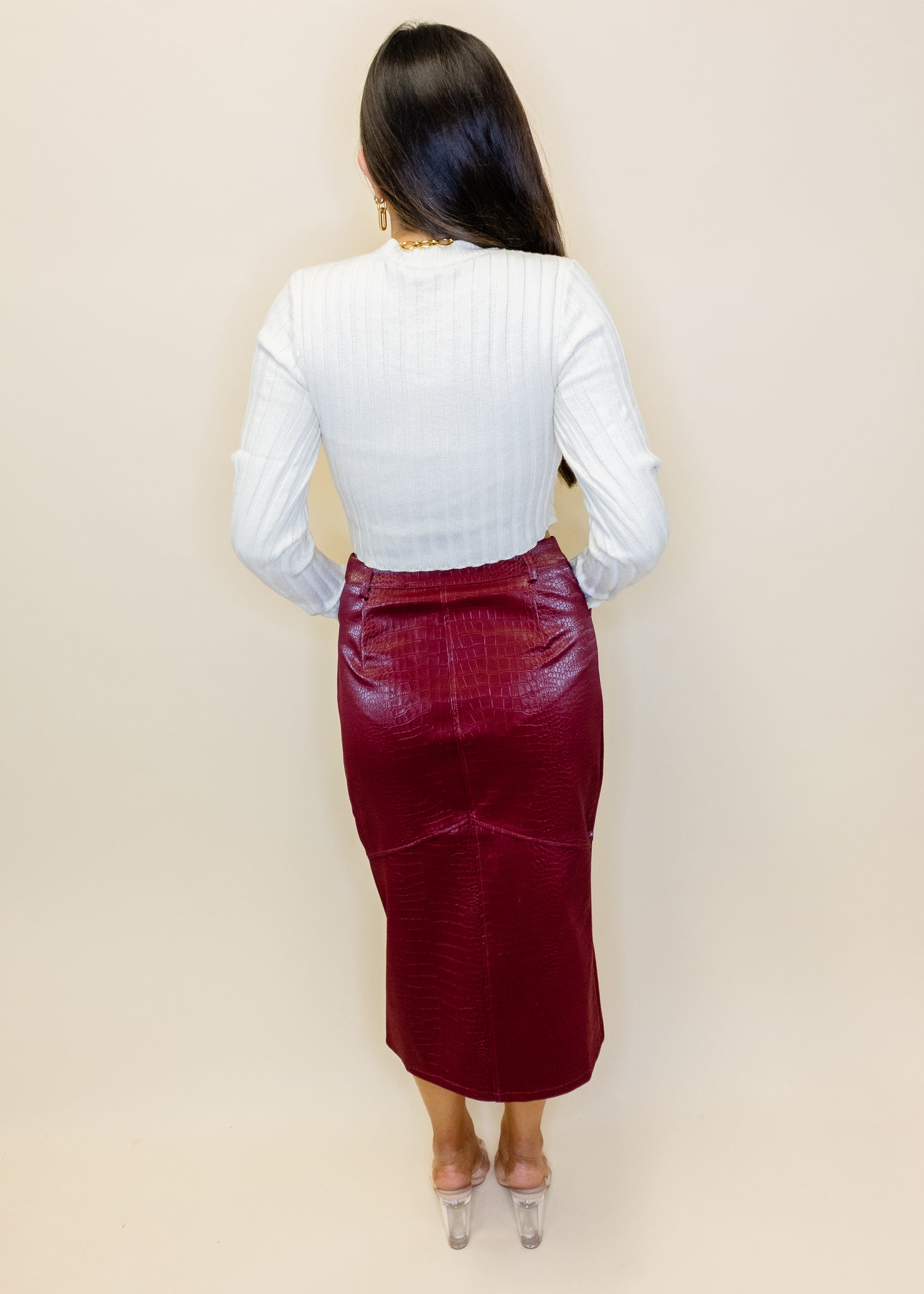 Wine Faux Snake Leather Midi Skirt