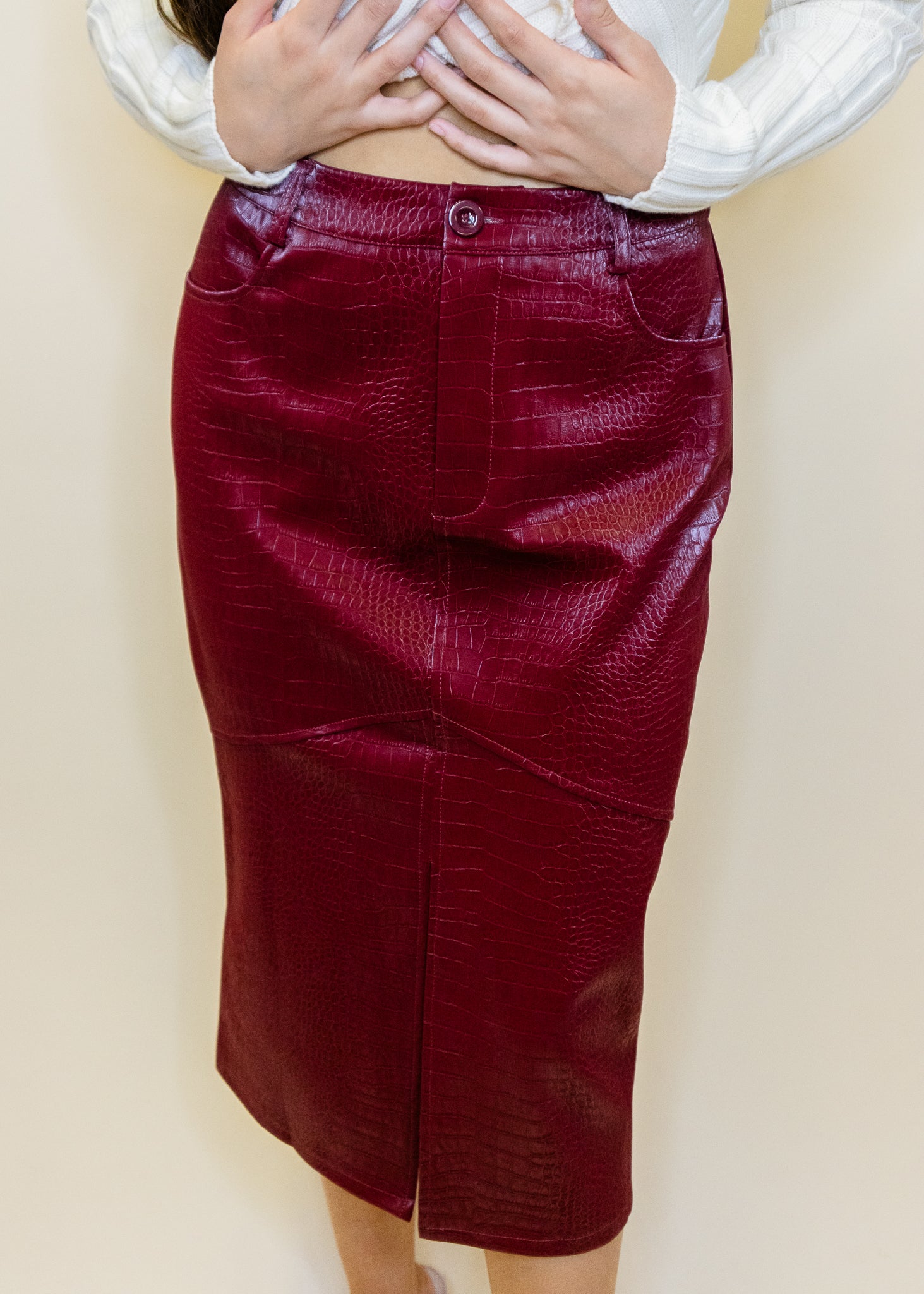 Wine Faux Snake Leather Midi Skirt