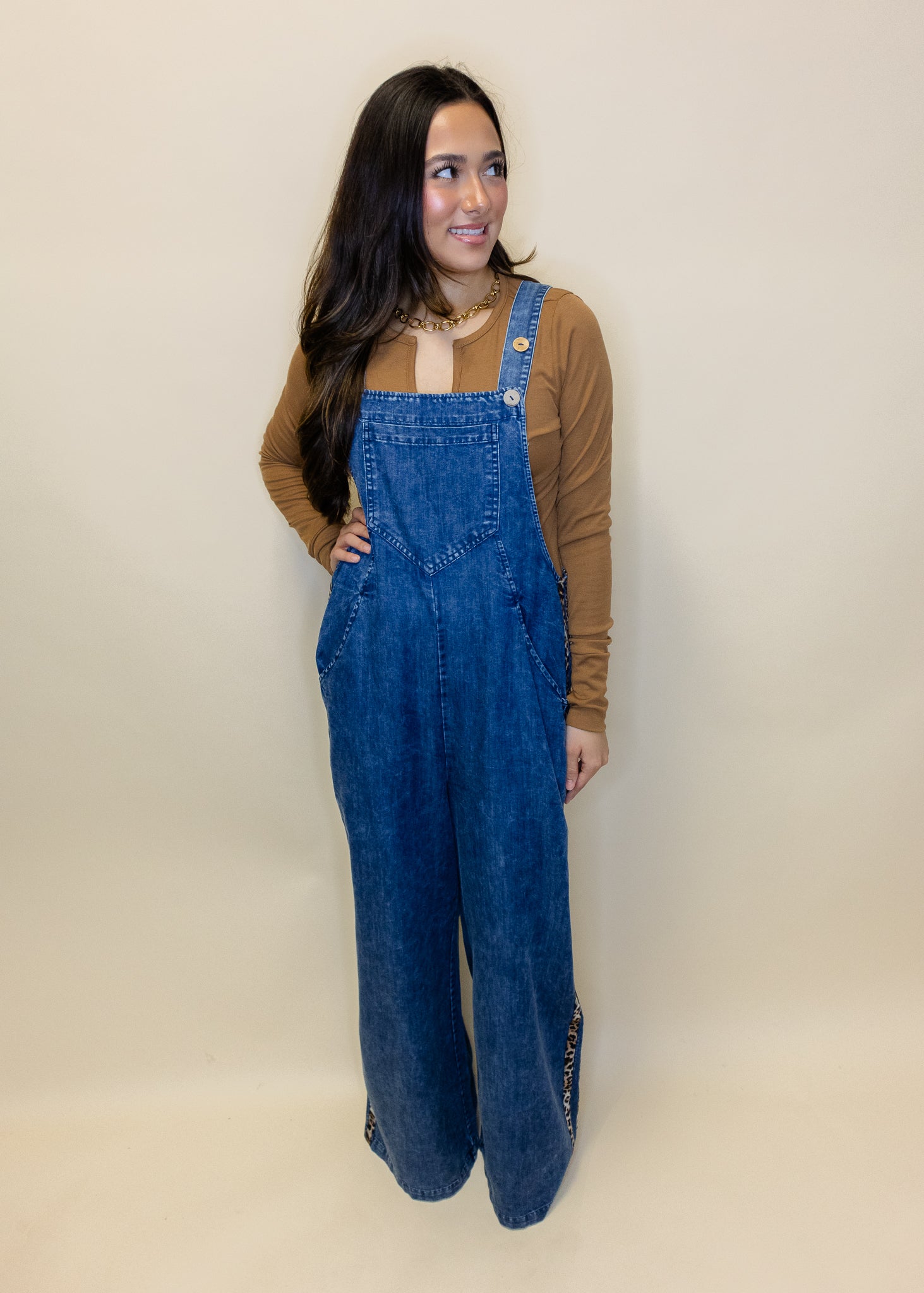 Denim Leopard Stripe Overalls