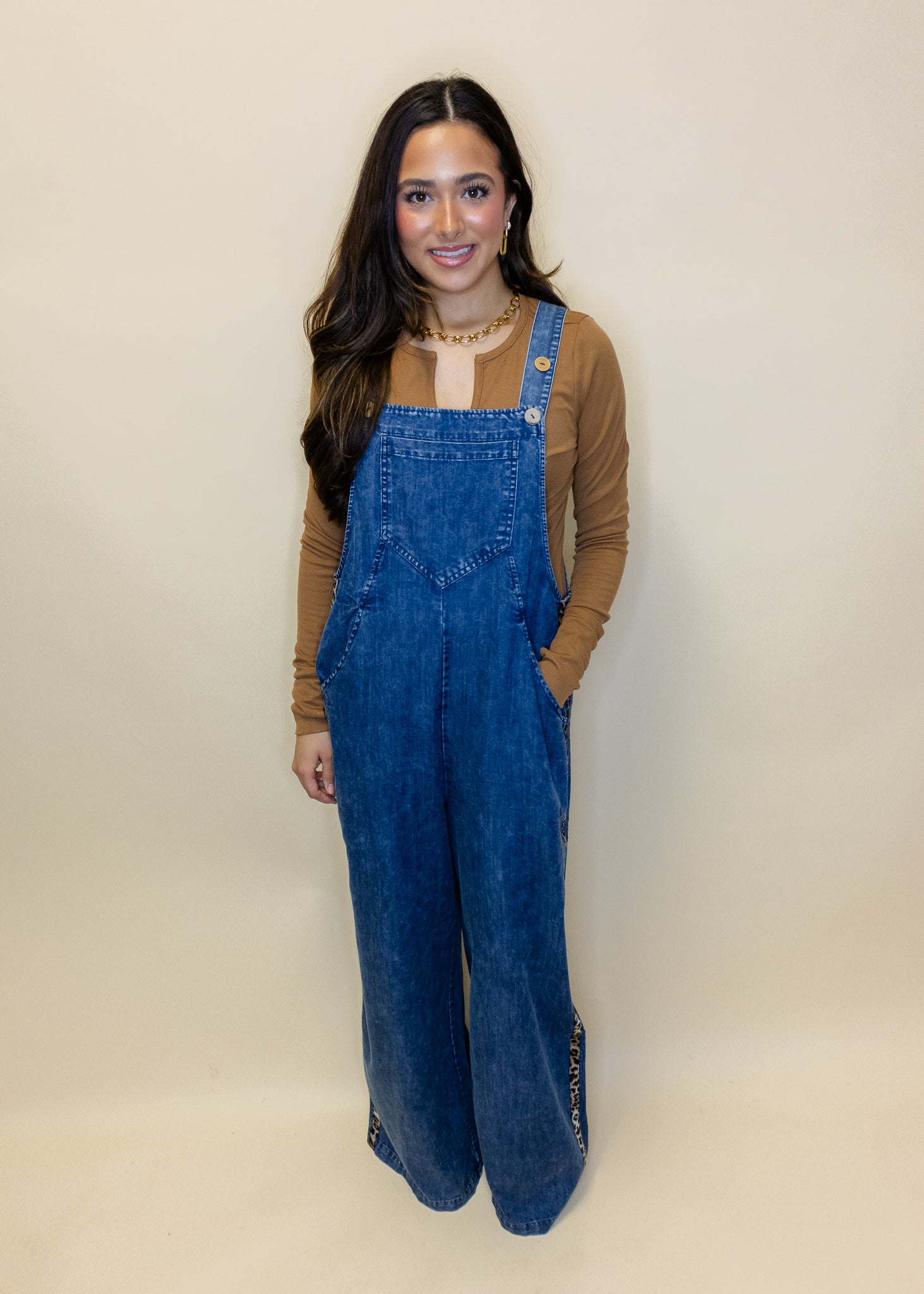 Denim Leopard Stripe Overalls