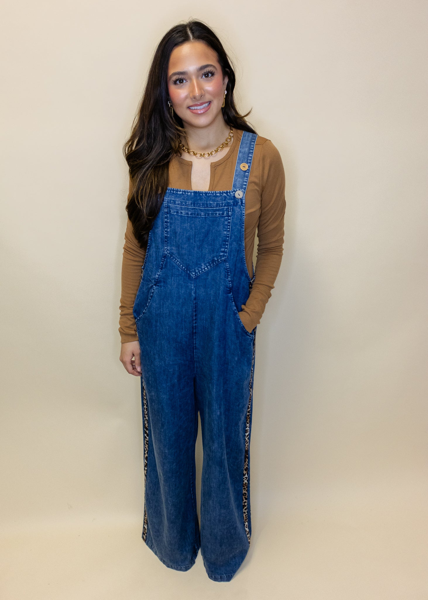 Denim Leopard Stripe Overalls