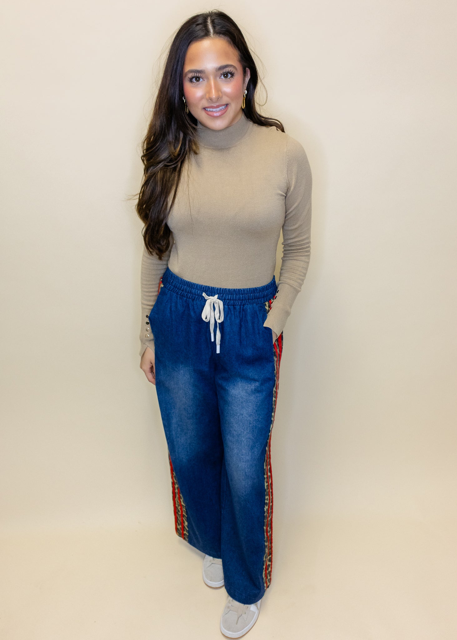 Dark Denim Leopard Red Stripe Pants