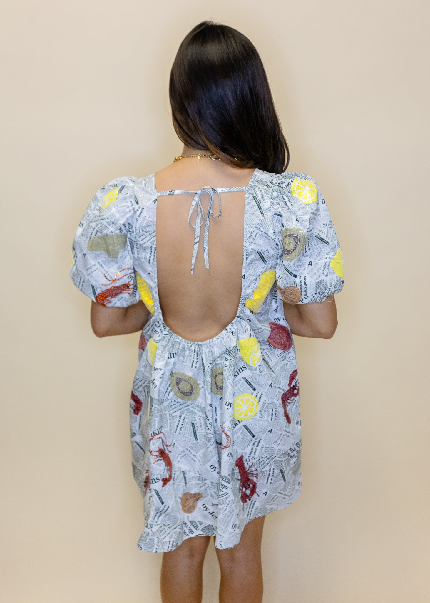 Black & White Seafood On Newspaper Cotton Dress