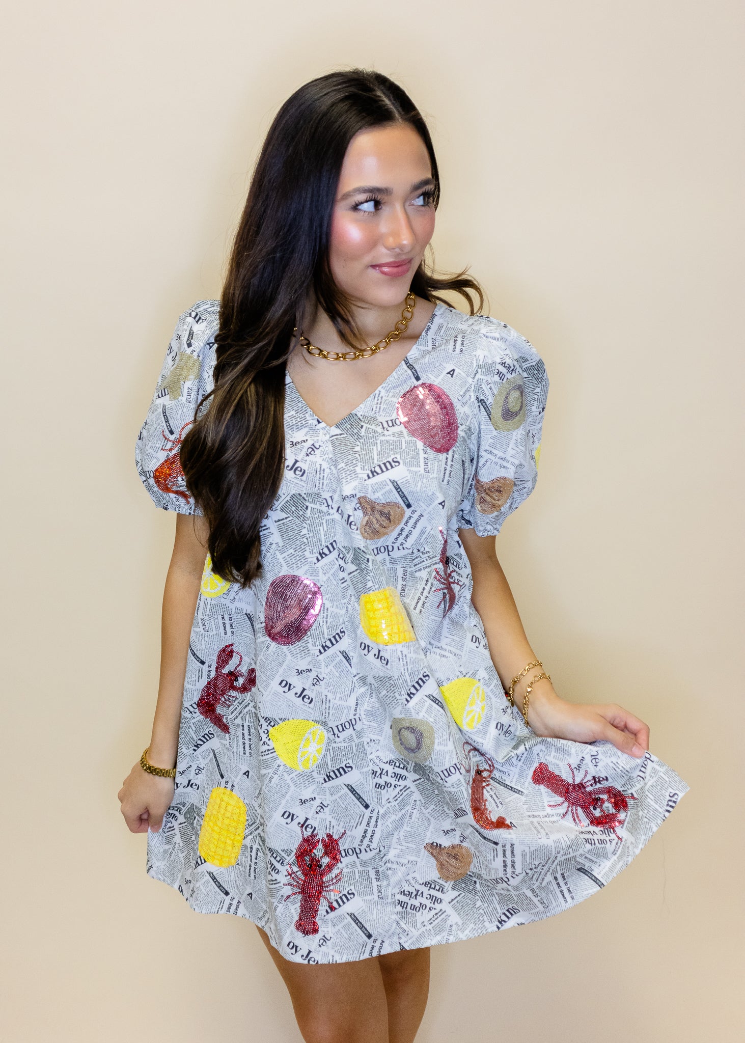 Black & White Seafood On Newspaper Cotton Dress