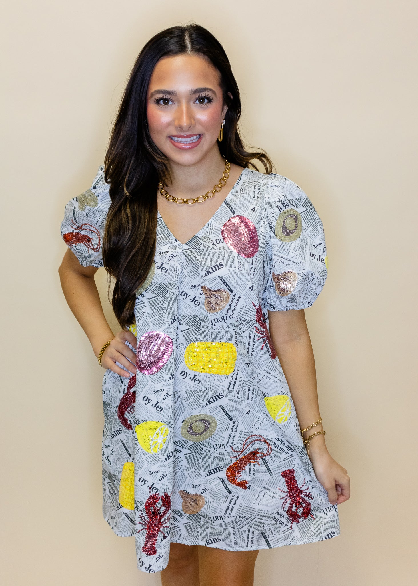 Black & White Seafood On Newspaper Cotton Dress