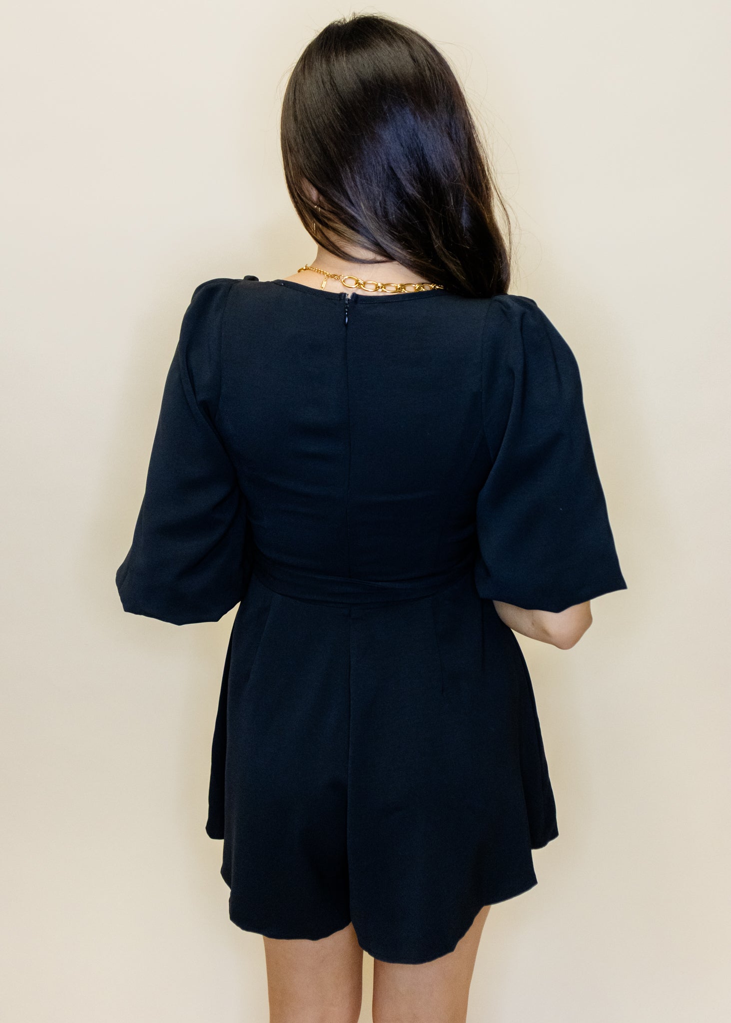 Black Bubble Sleeve Tie Romper