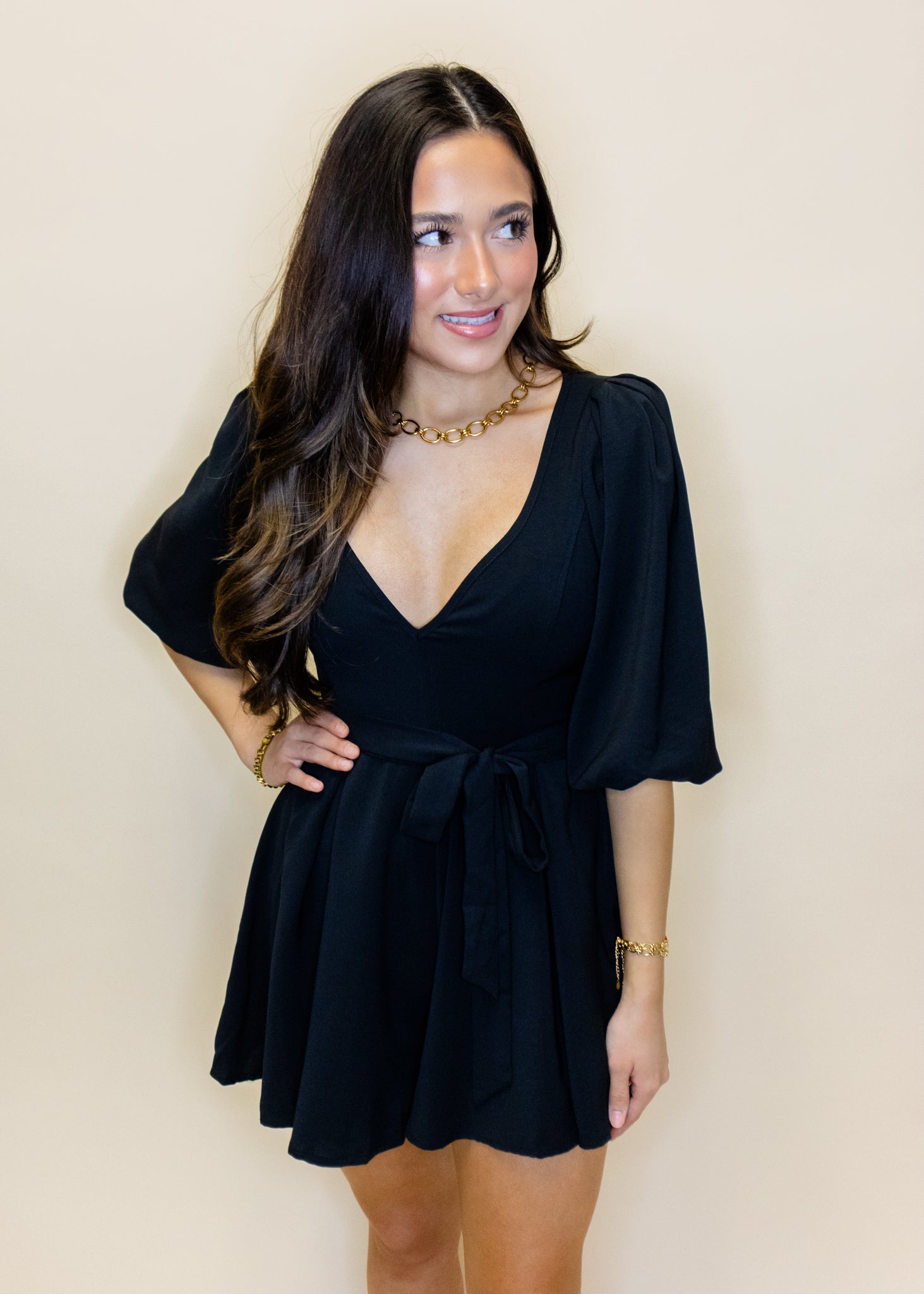 Black Bubble Sleeve Tie Romper