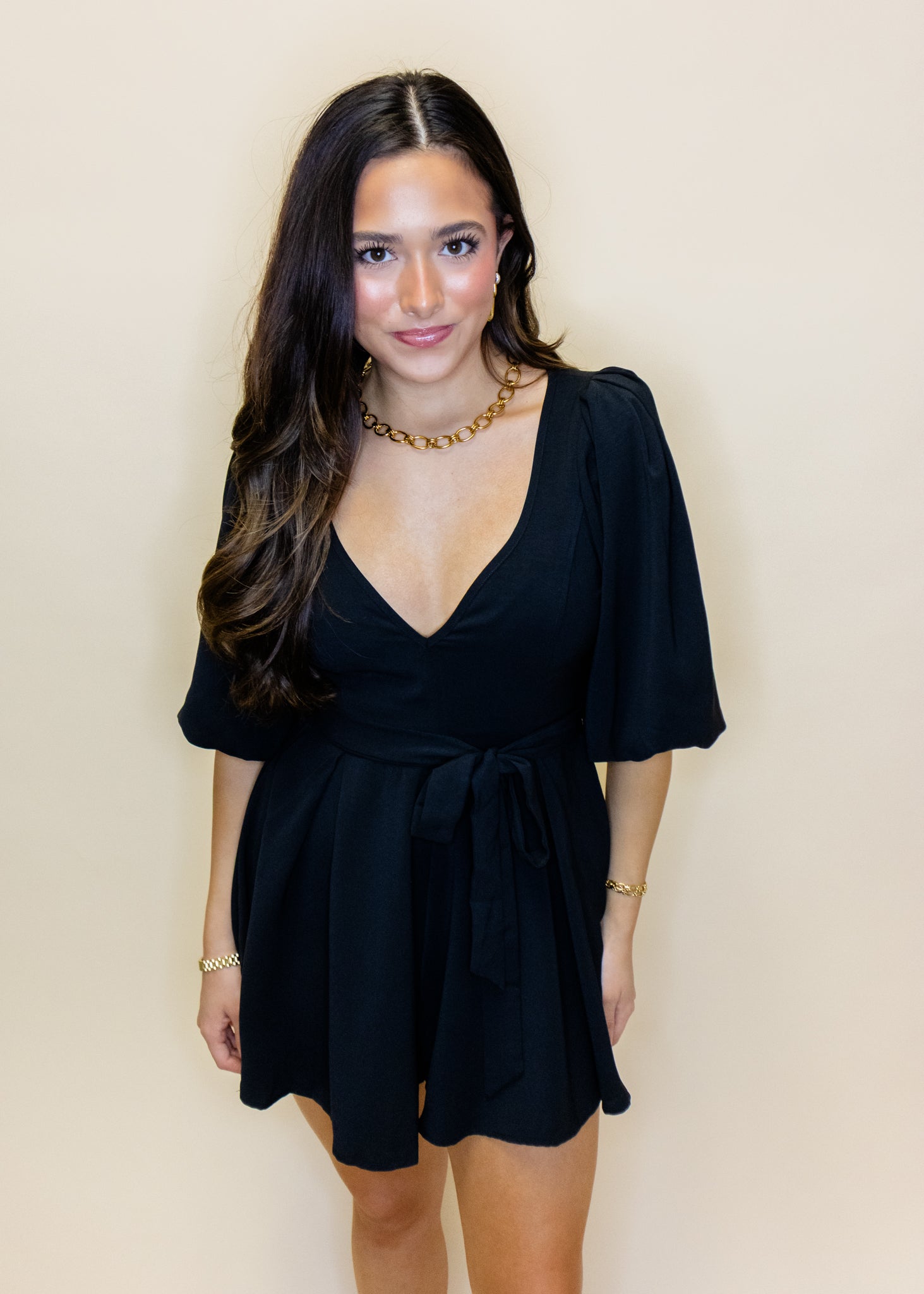 Black Bubble Sleeve Tie Romper