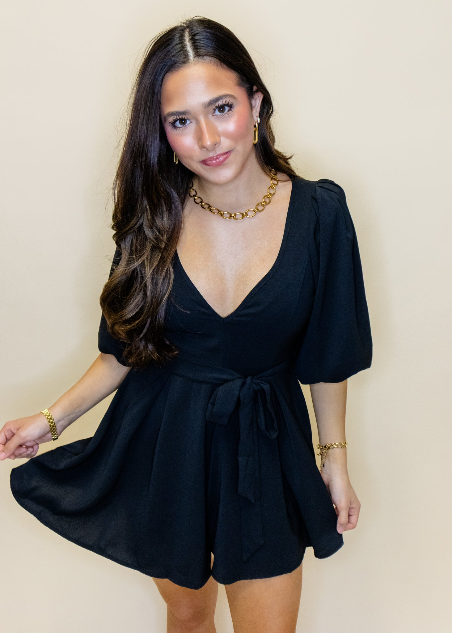 Black Bubble Sleeve Tie Romper