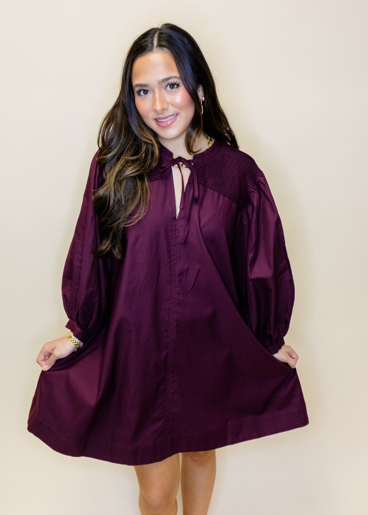 Wine Detail 3/4 Sleeve Dress