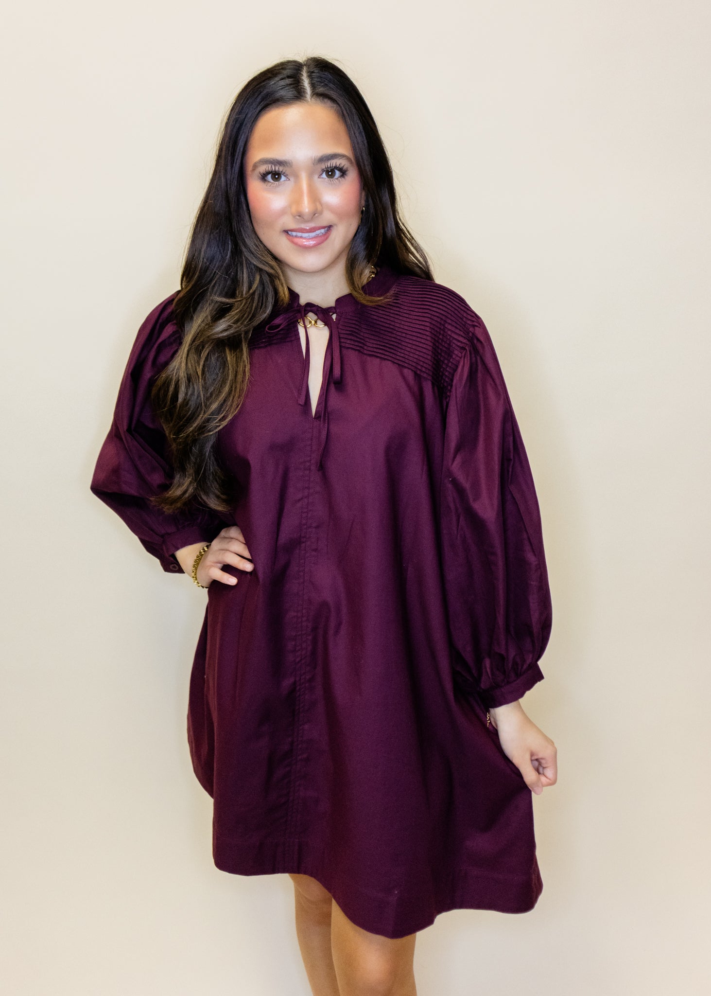 Wine Detail 3/4 Sleeve Dress