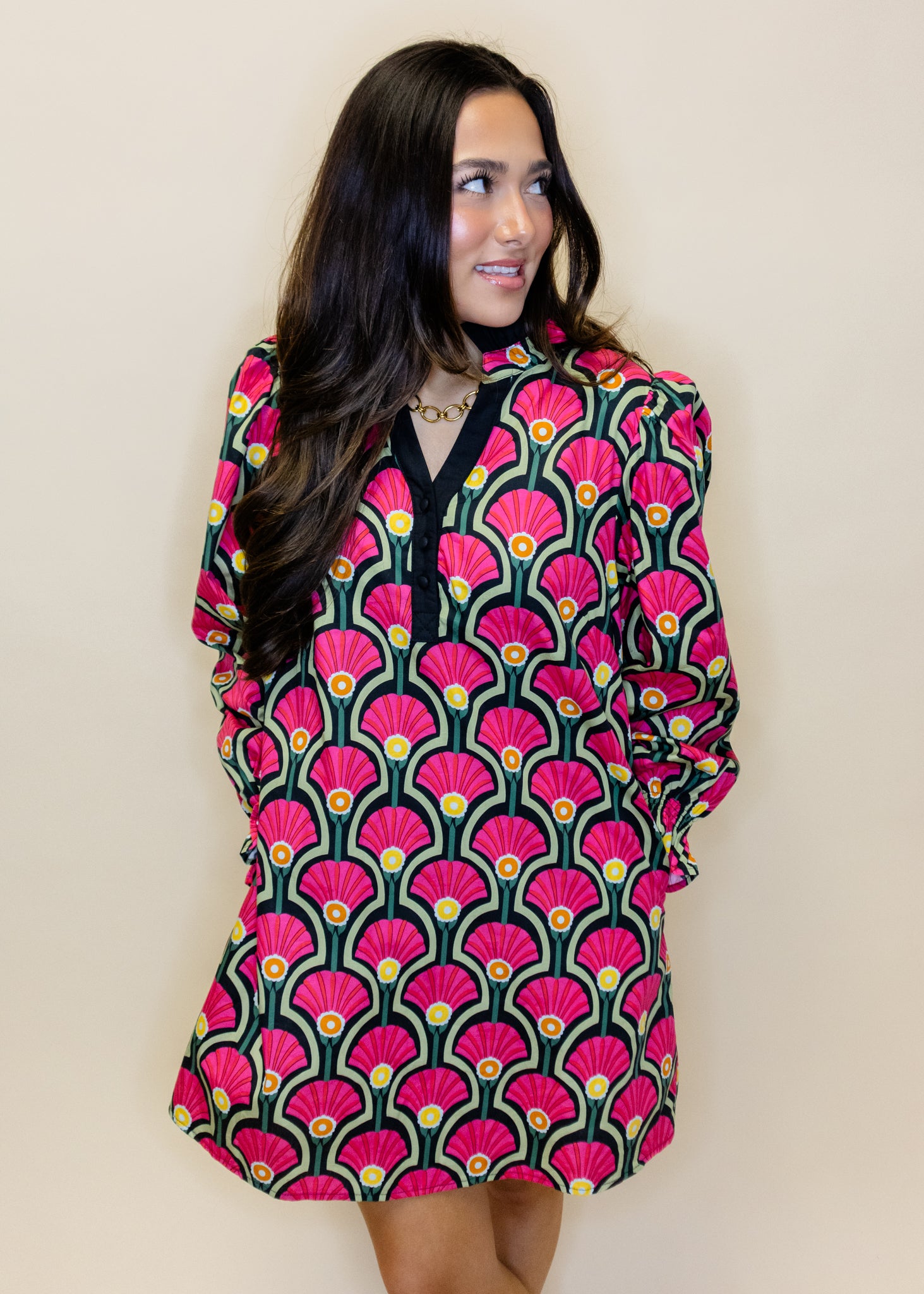 Pink Floral Long Sleeve Dress