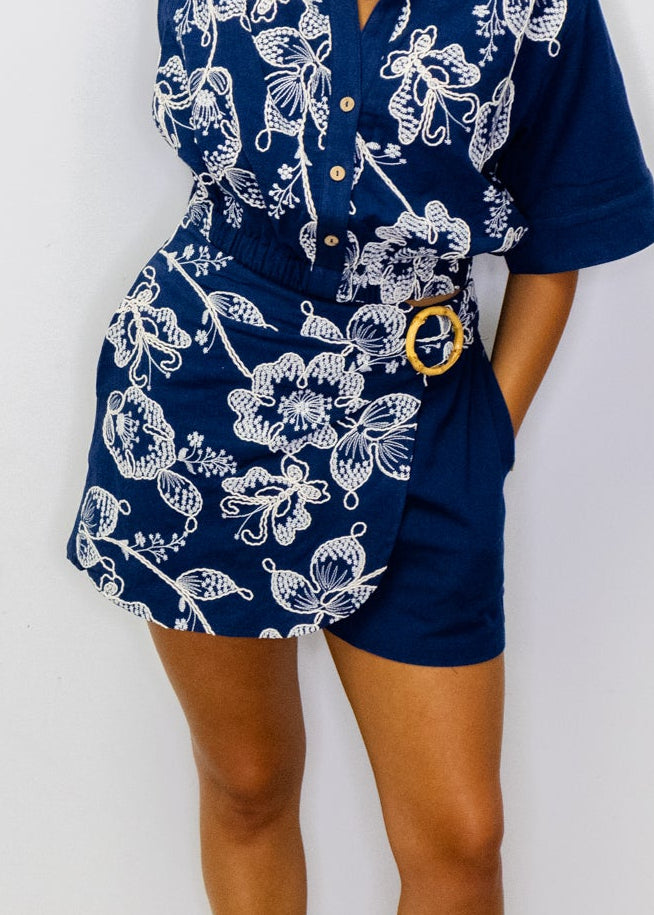 Navy Floral Embroidery Wrap Skort