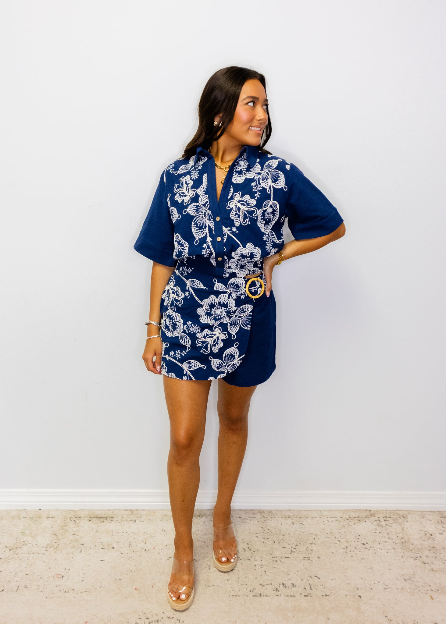 Navy Embroidery Button Up Collared Top