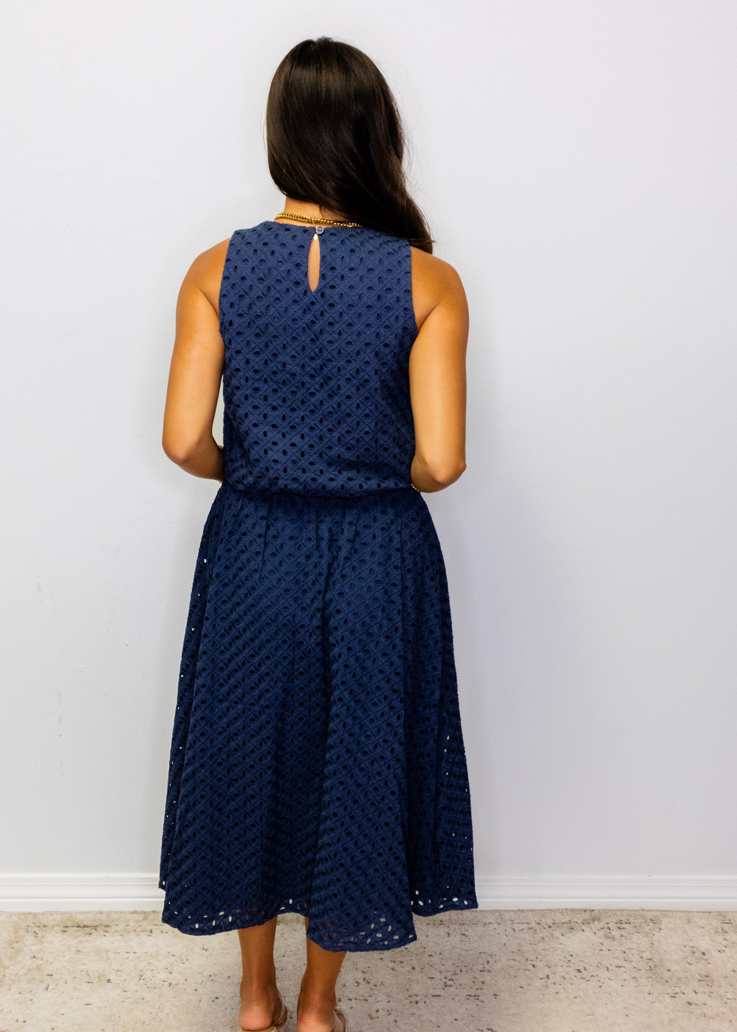 Navy Eyelet Elastic Waist Midi Skirt