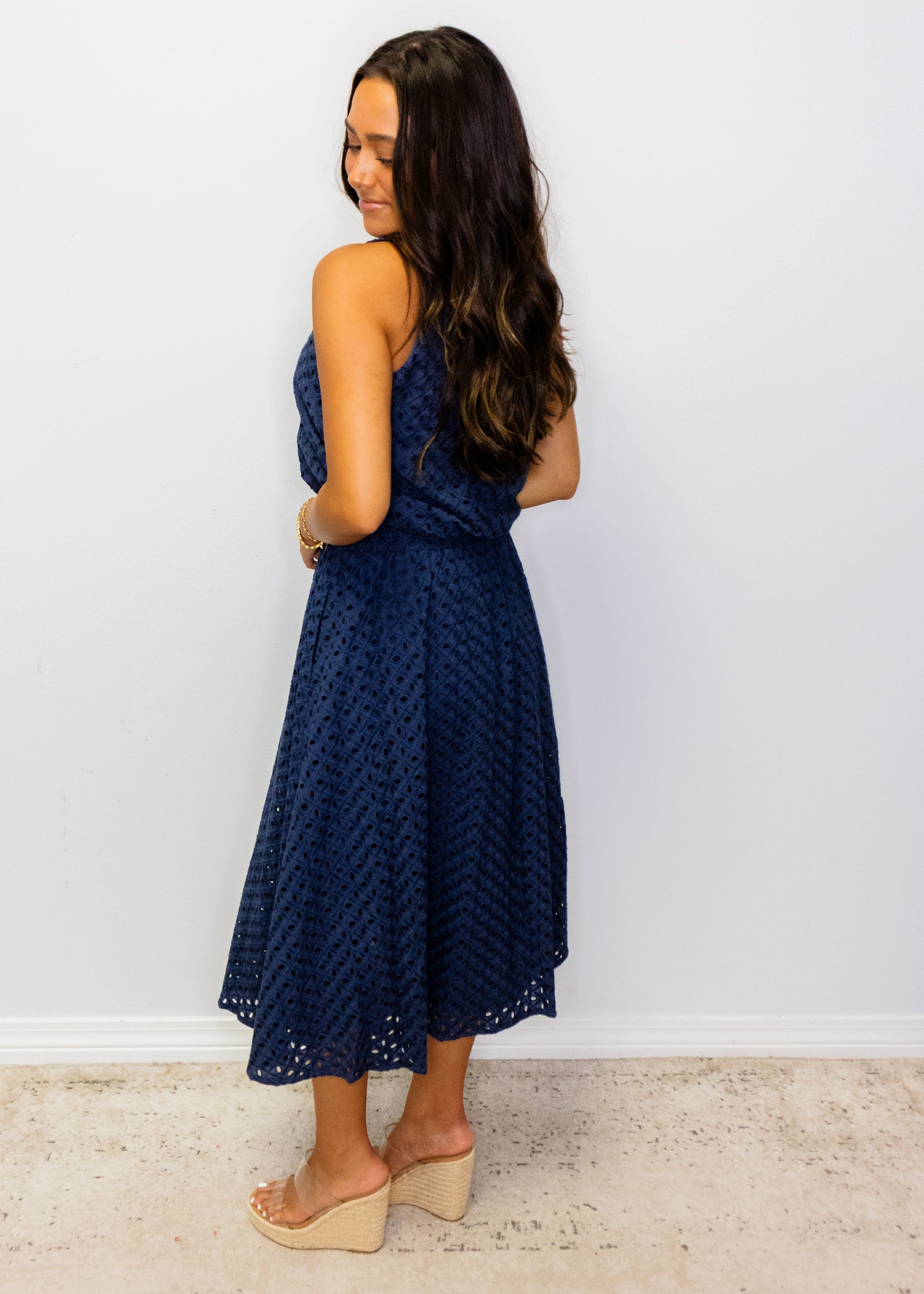 Navy Eyelet Elastic Waist Midi Skirt