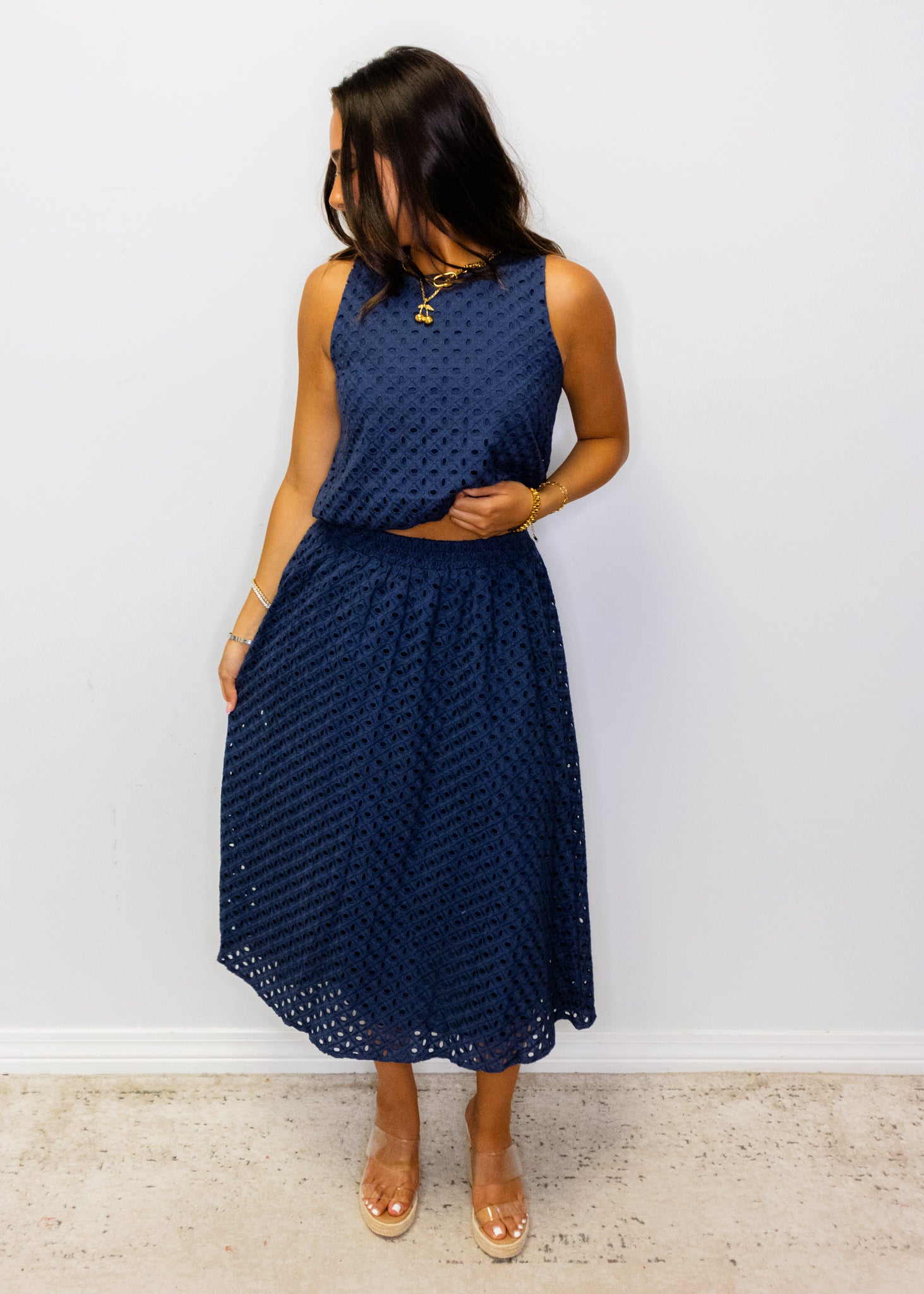 Navy Eyelet Elastic Waist Midi Skirt