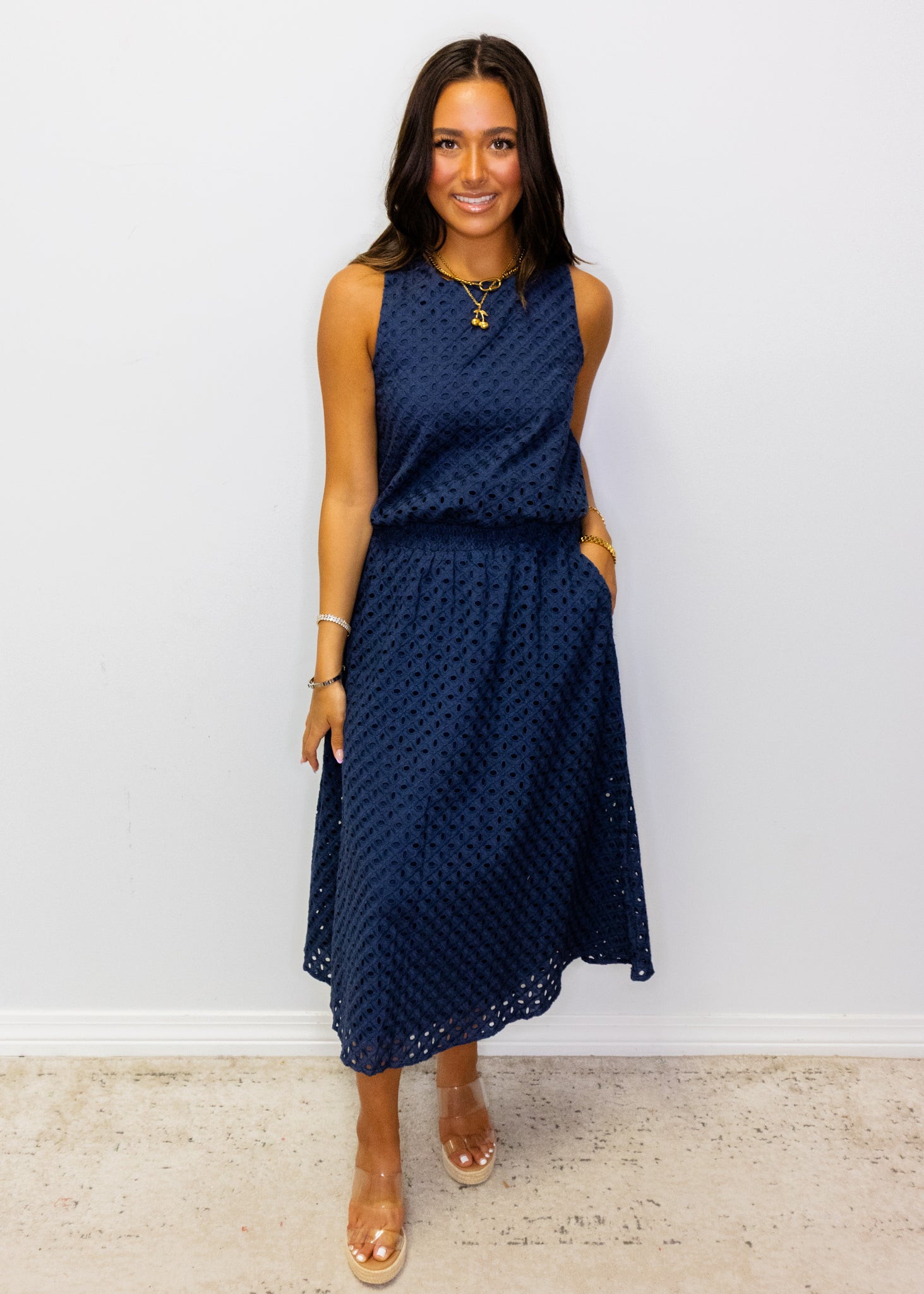 Navy Eyelet Bubble Hem Top