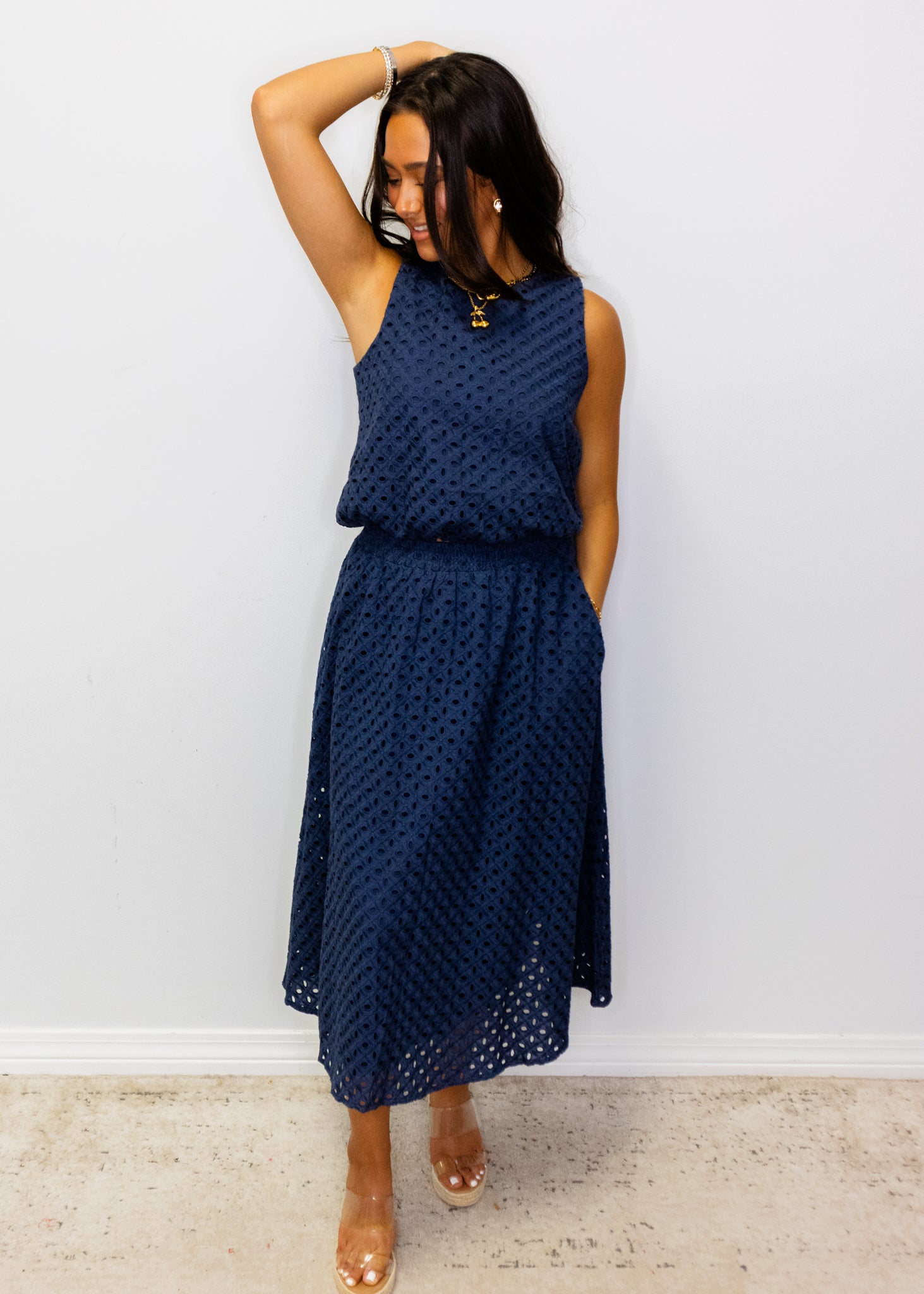 Navy Eyelet Bubble Hem Top