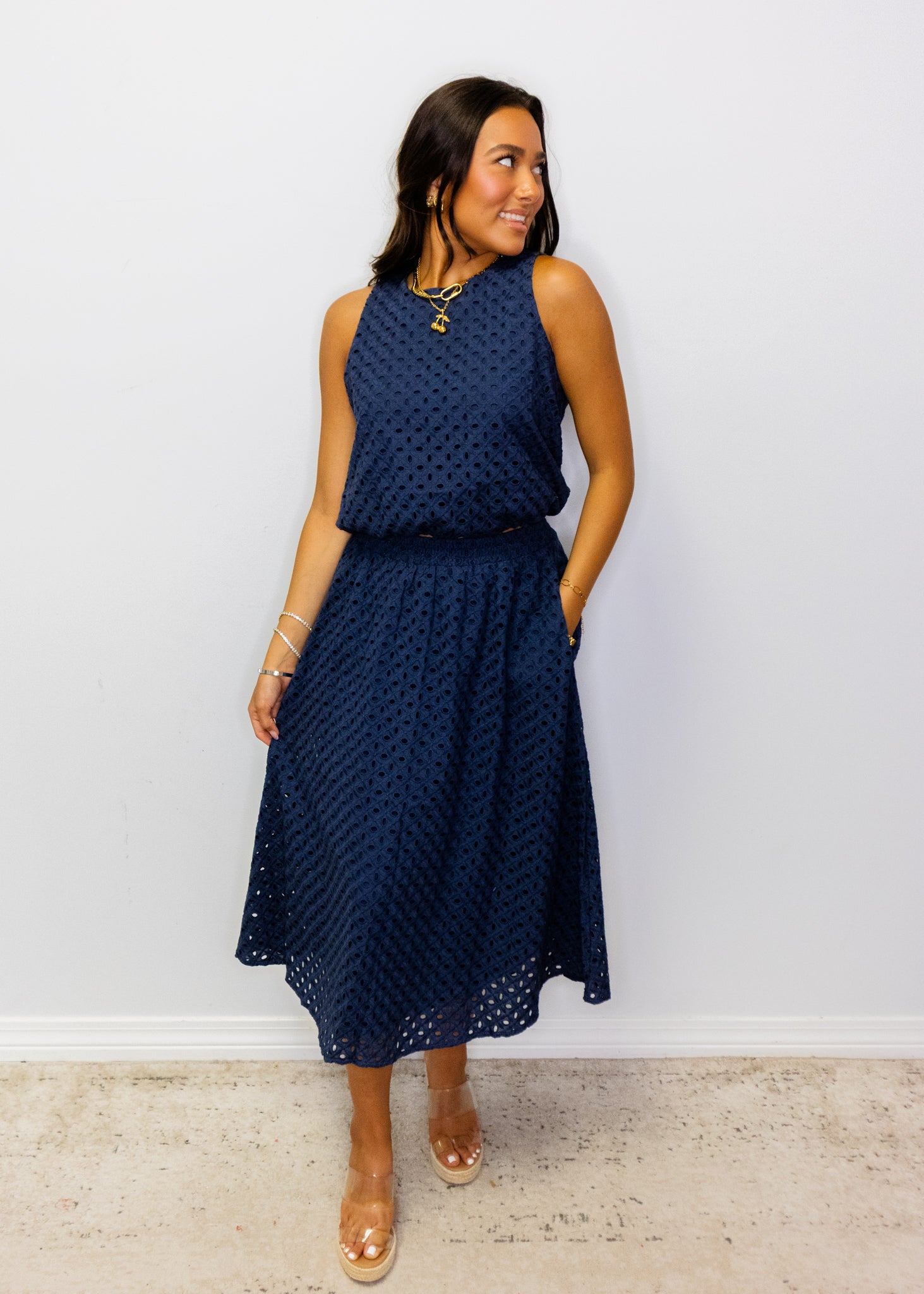 Navy Eyelet Bubble Hem Top