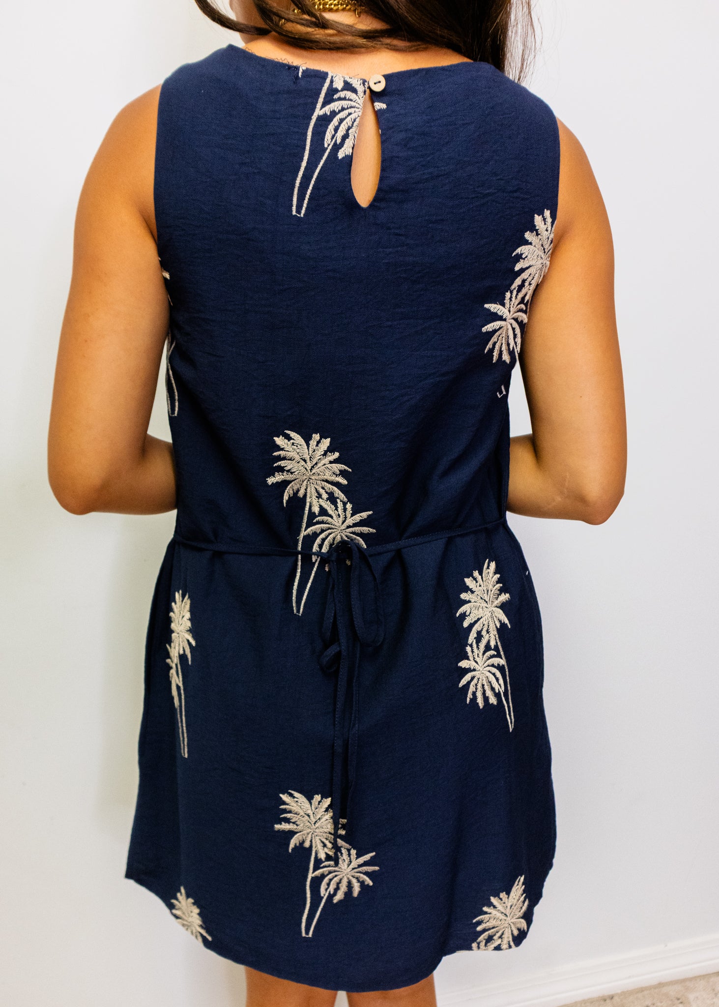 Navy Palm Tree Embroidered Dress