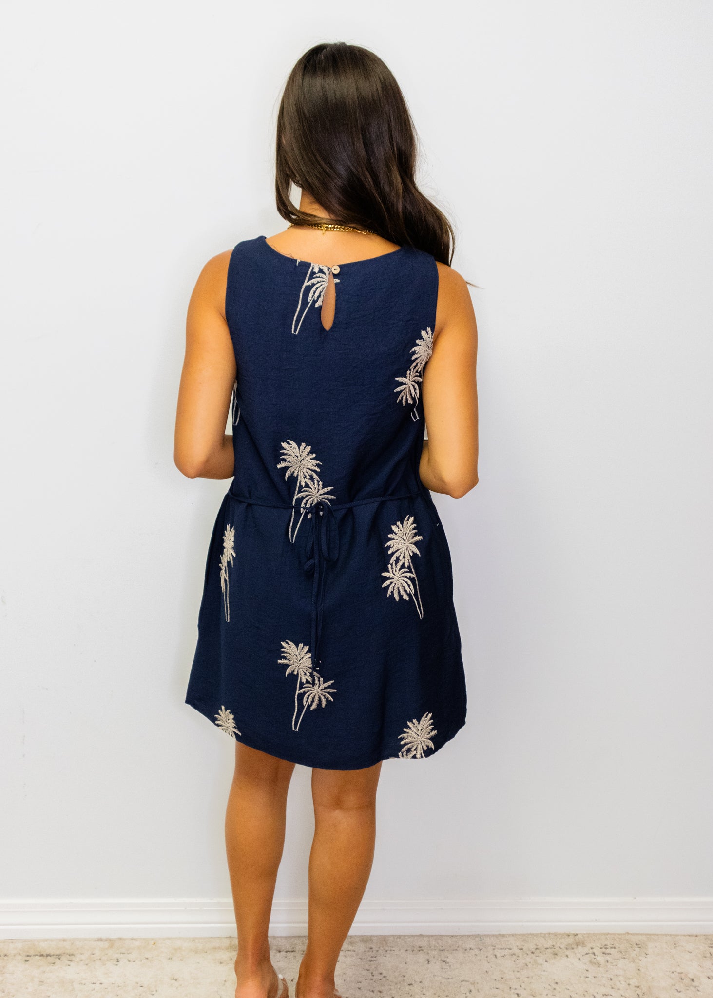 Navy Palm Tree Embroidered Dress