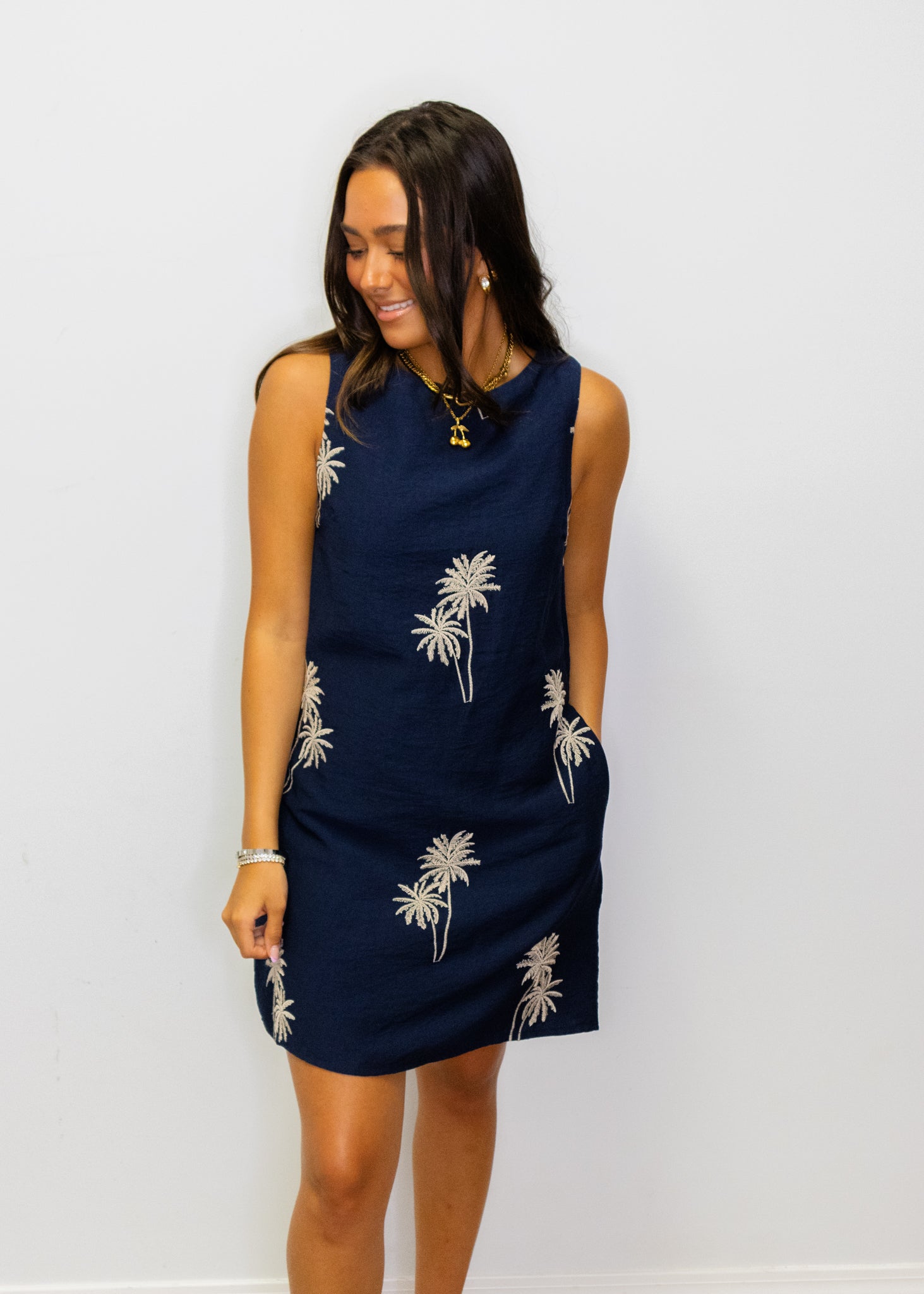 Navy Palm Tree Embroidered Dress