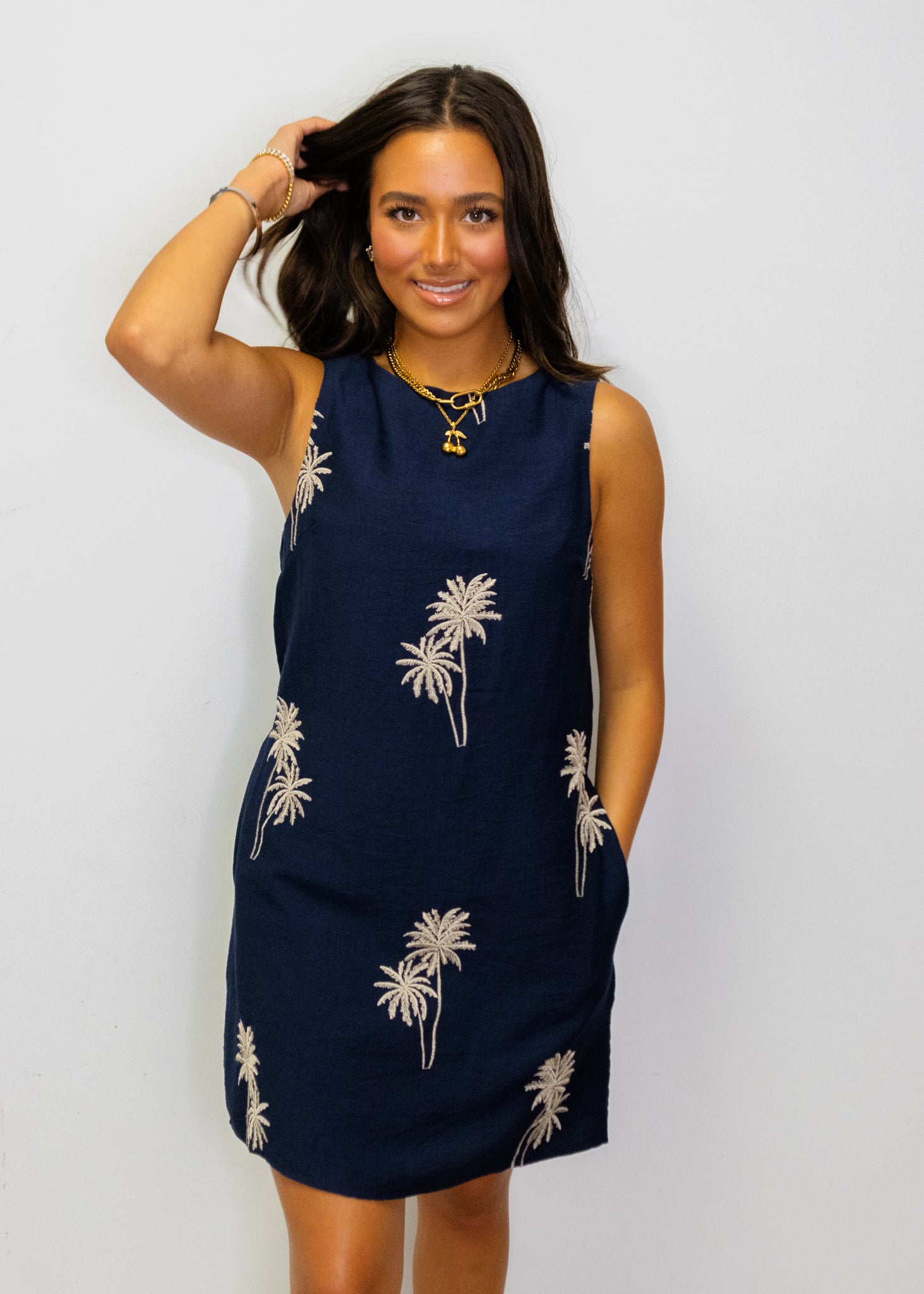 Navy Palm Tree Embroidered Dress
