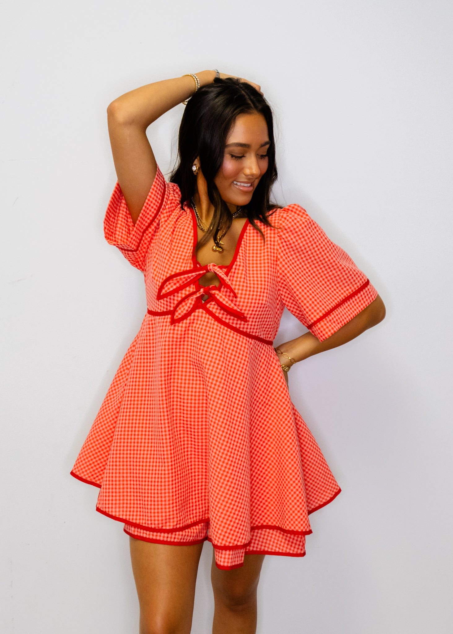 Red Gingham Contrast Detail Romper