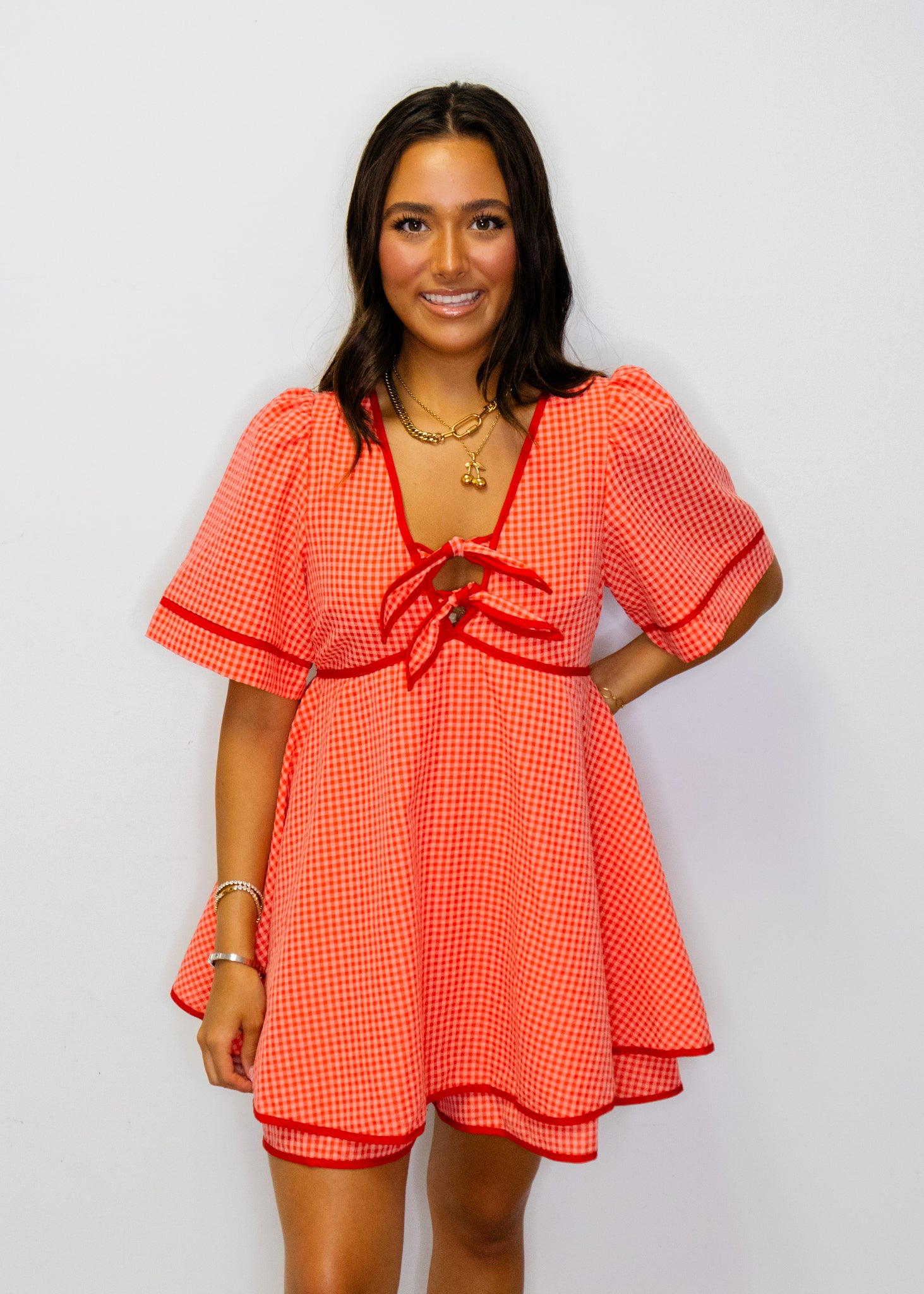 Red Gingham Contrast Detail Romper