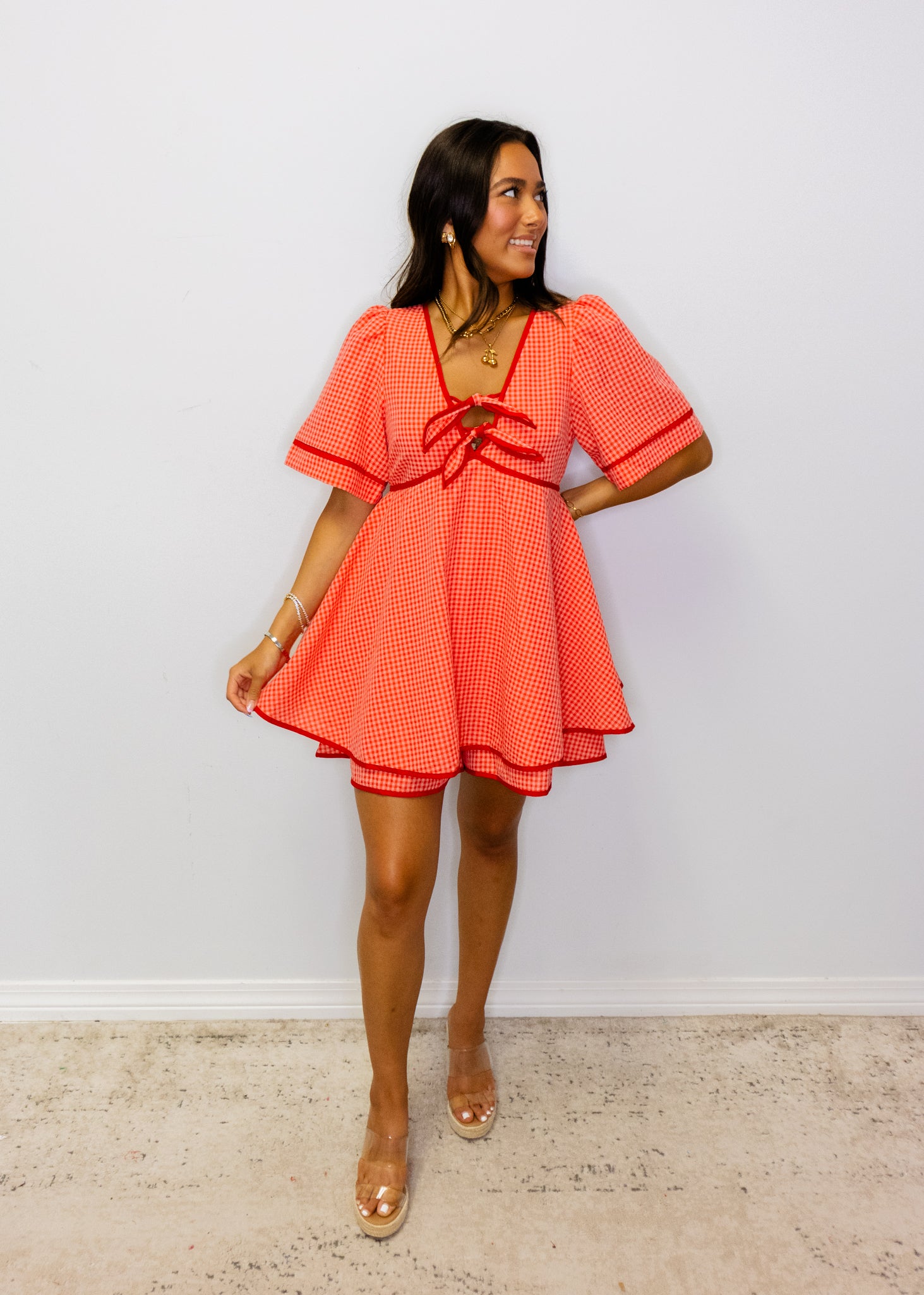 Red Gingham Contrast Detail Romper