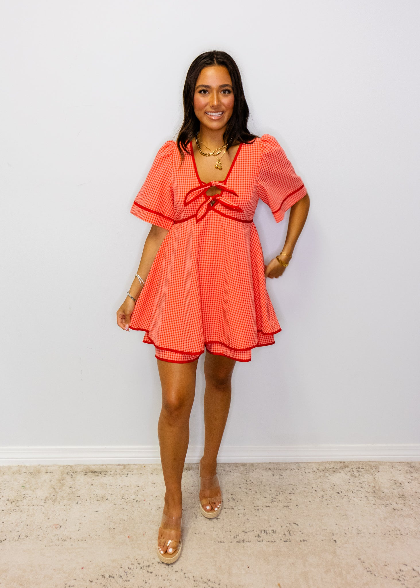 Red Gingham Contrast Detail Romper