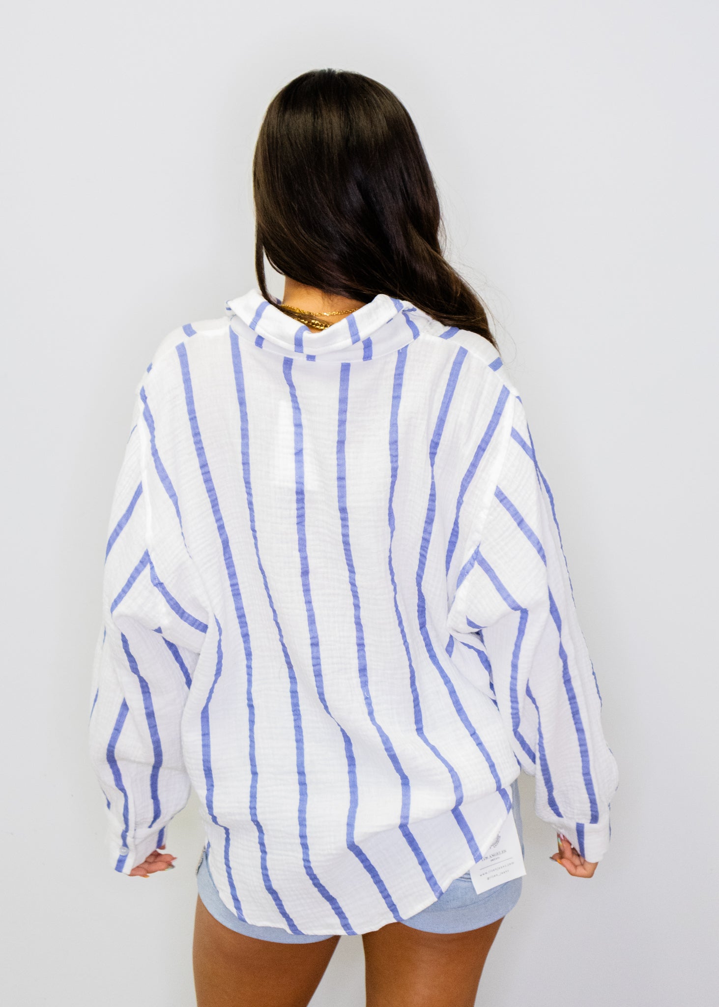 Blue & White Stripe Button Gauze Top