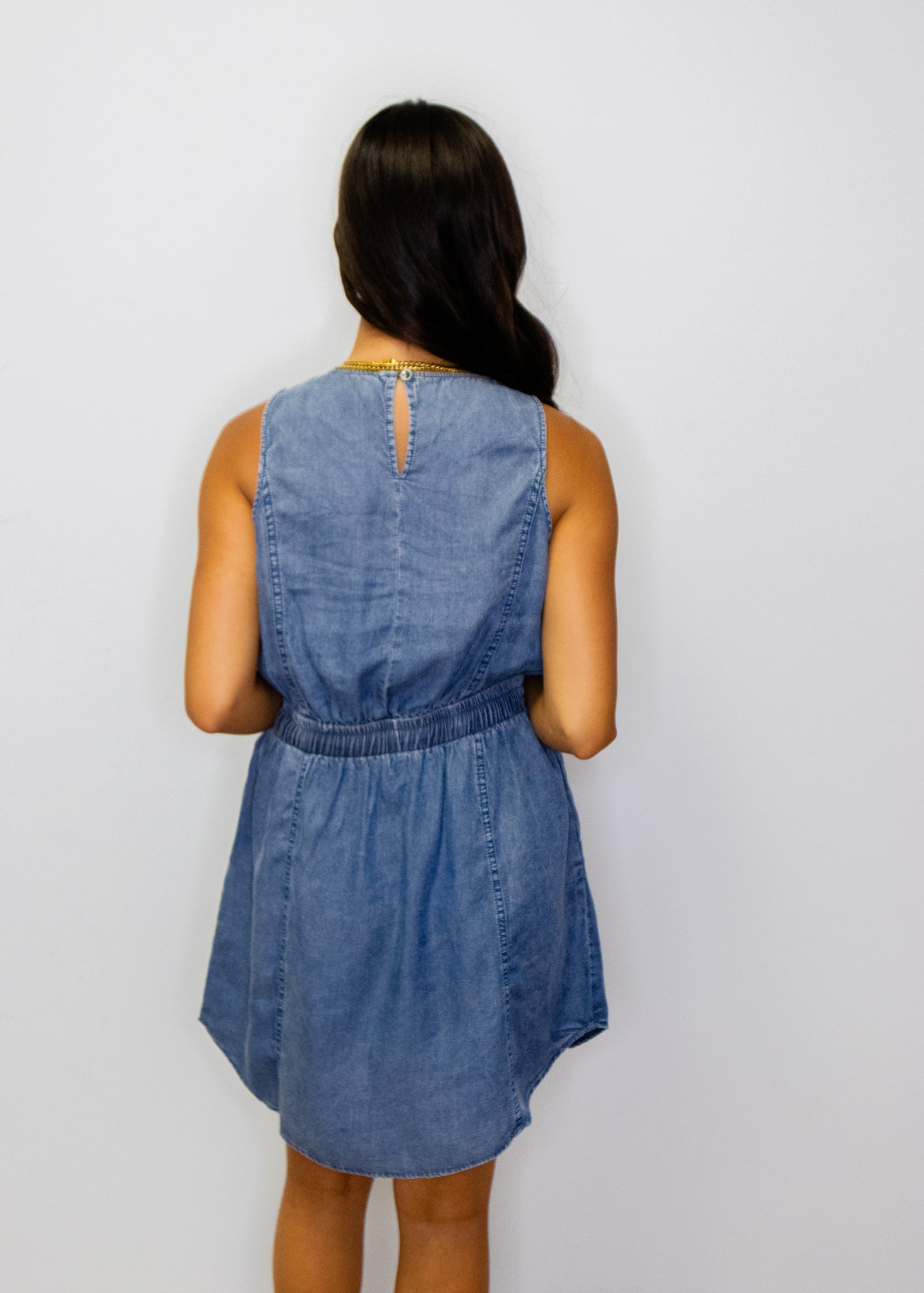 Denim Sleeveless Smocked Tie Dress