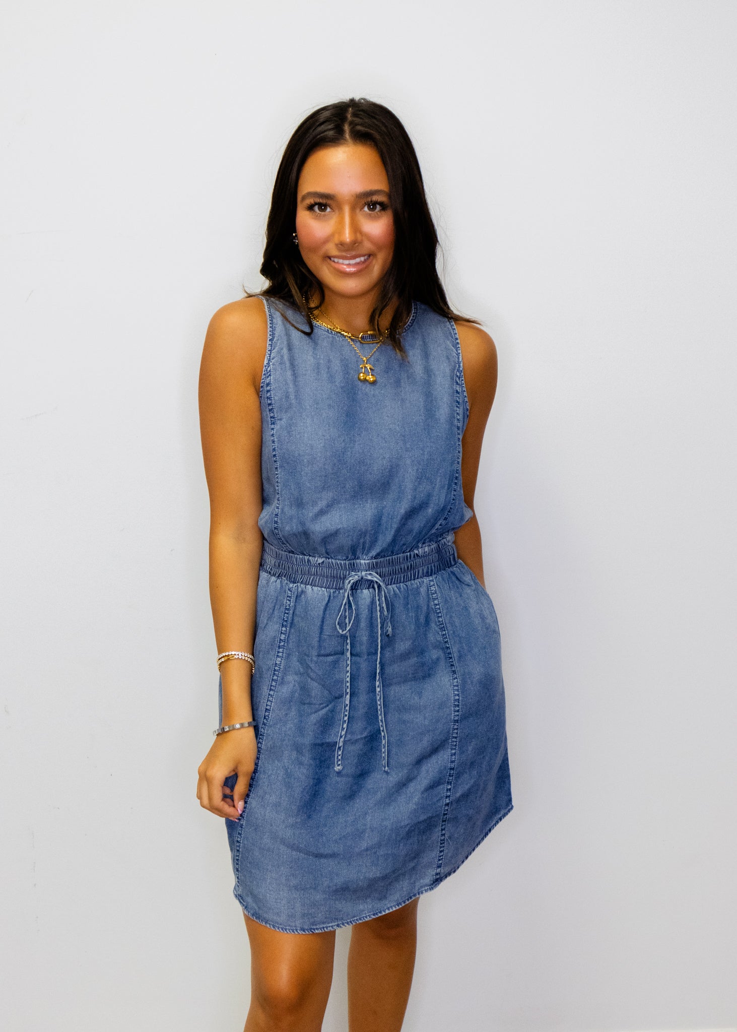 Denim Sleeveless Smocked Tie Dress