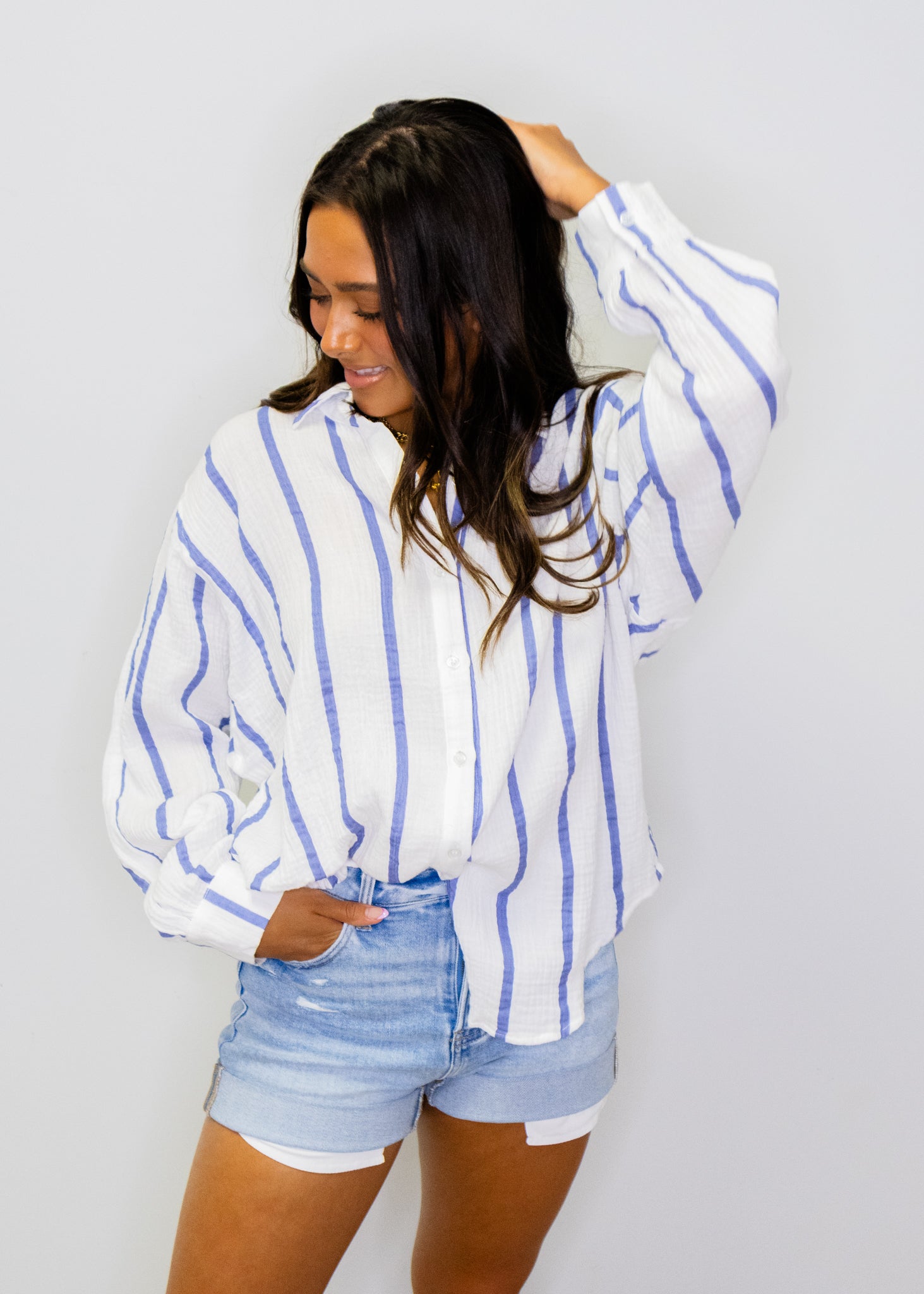 Blue & White Stripe Button Gauze Top