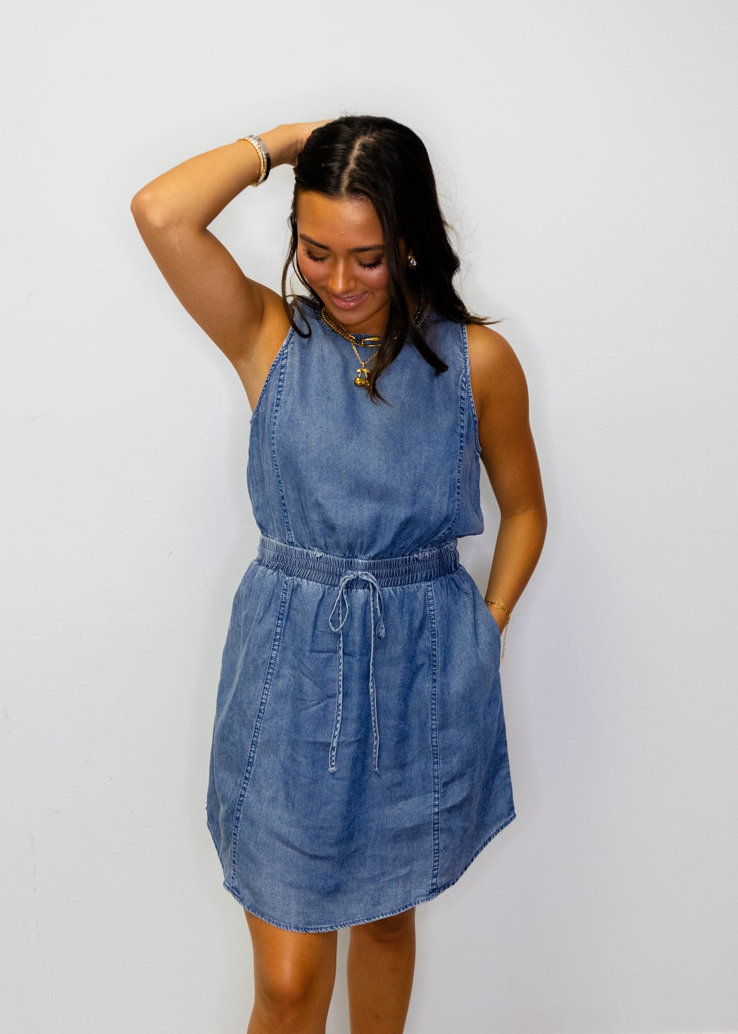 Denim Sleeveless Smocked Tie Dress