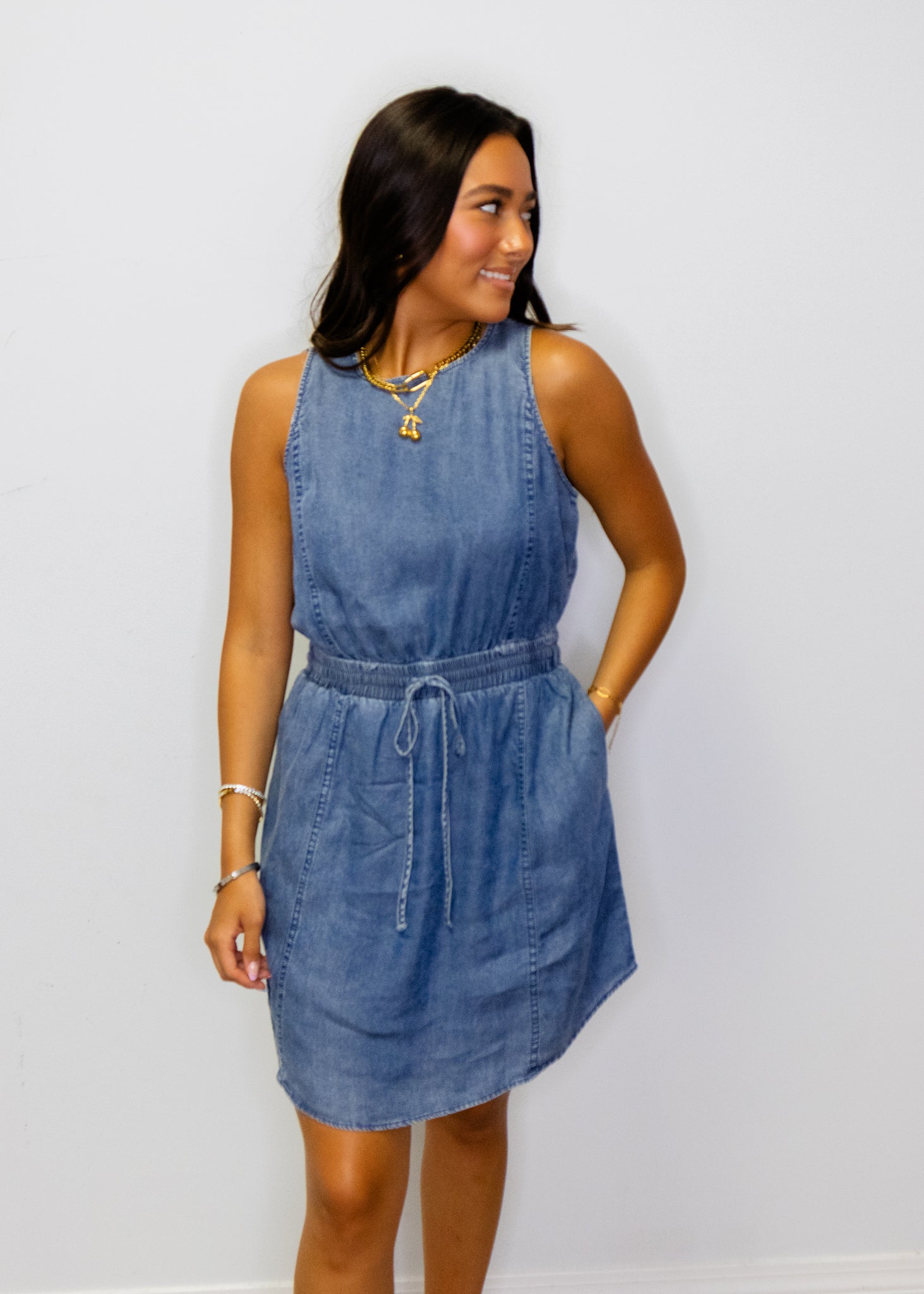Denim Sleeveless Smocked Tie Dress