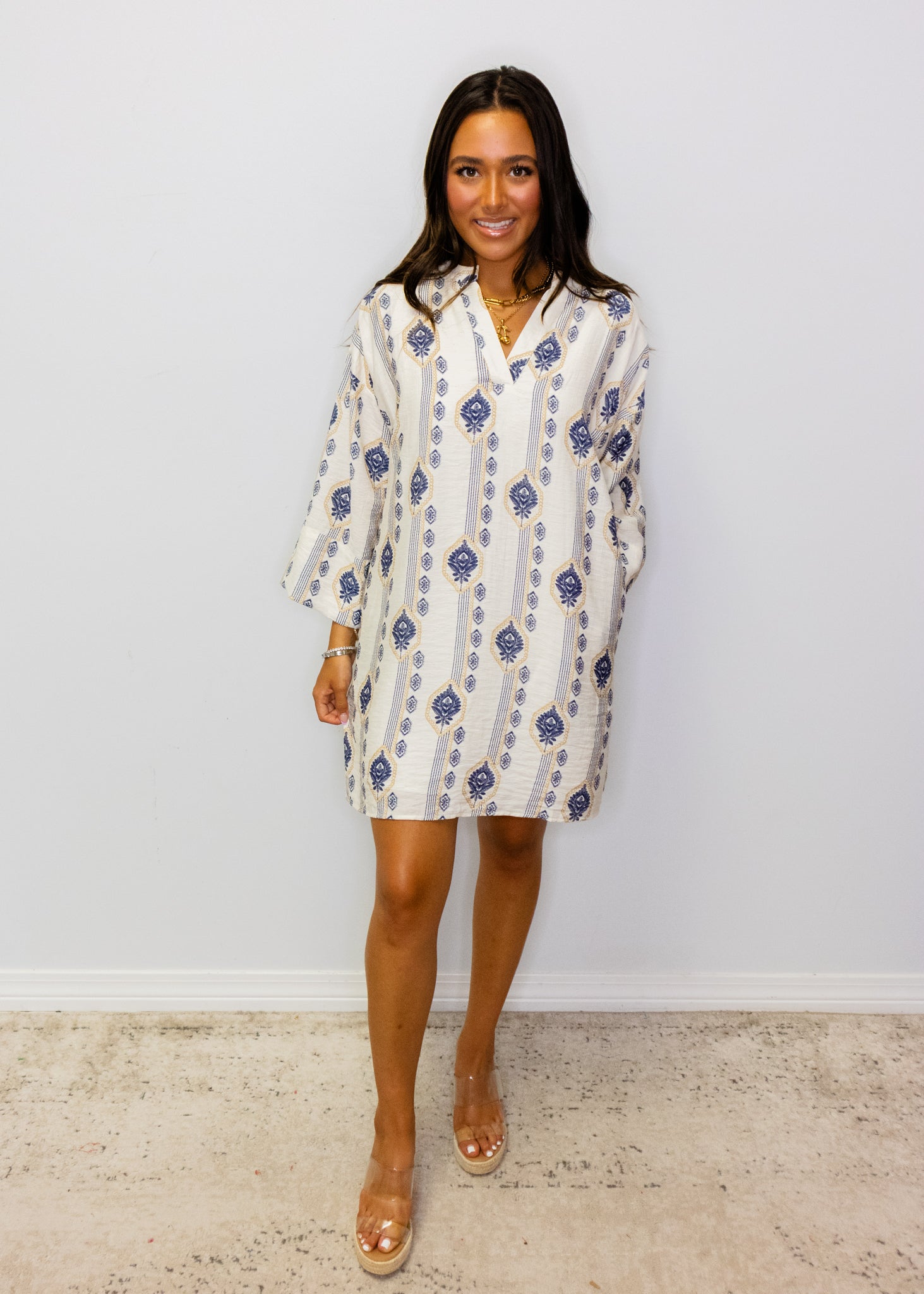 Navy & White Print Pocket Dress