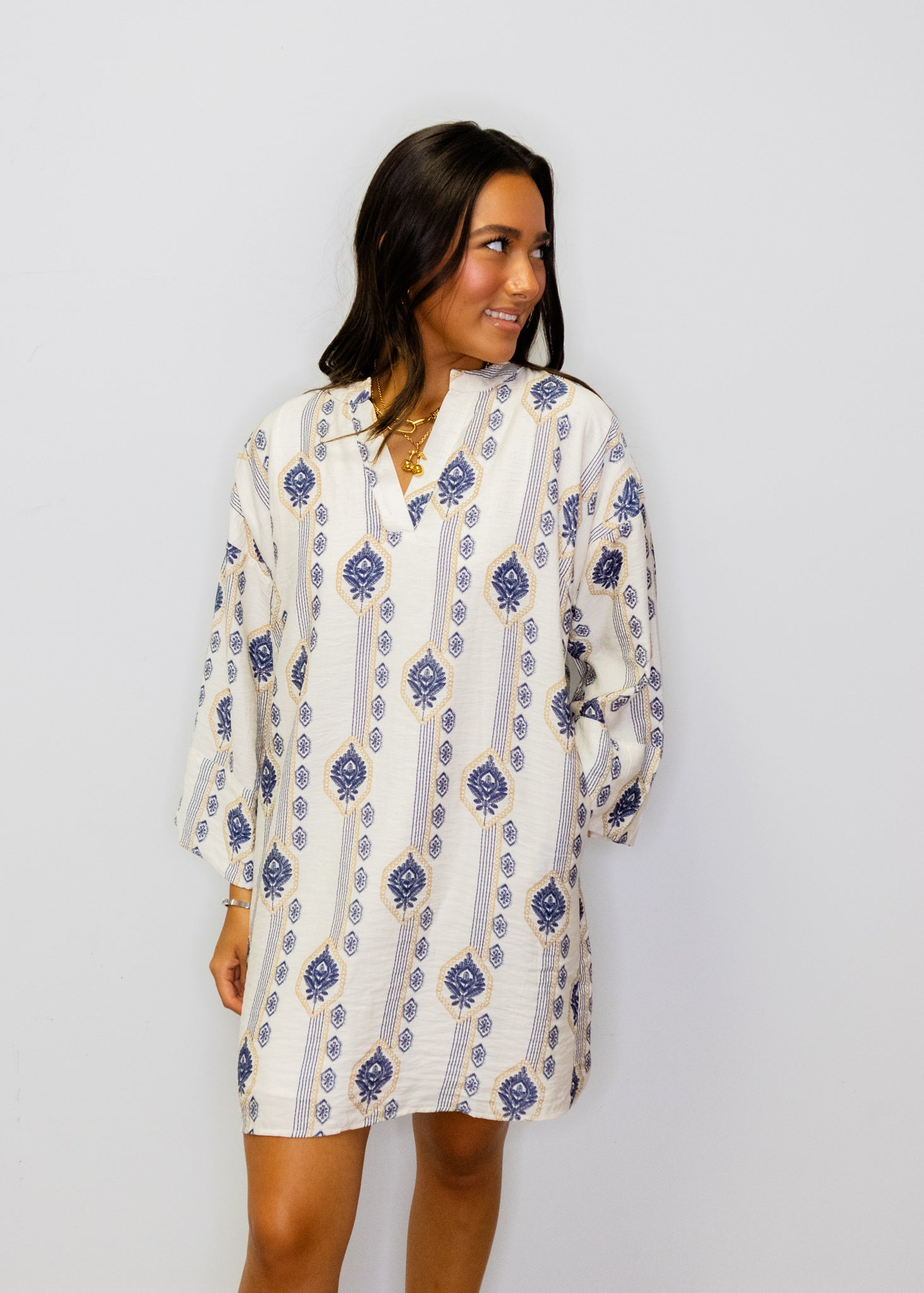 Navy & White Print Pocket Dress