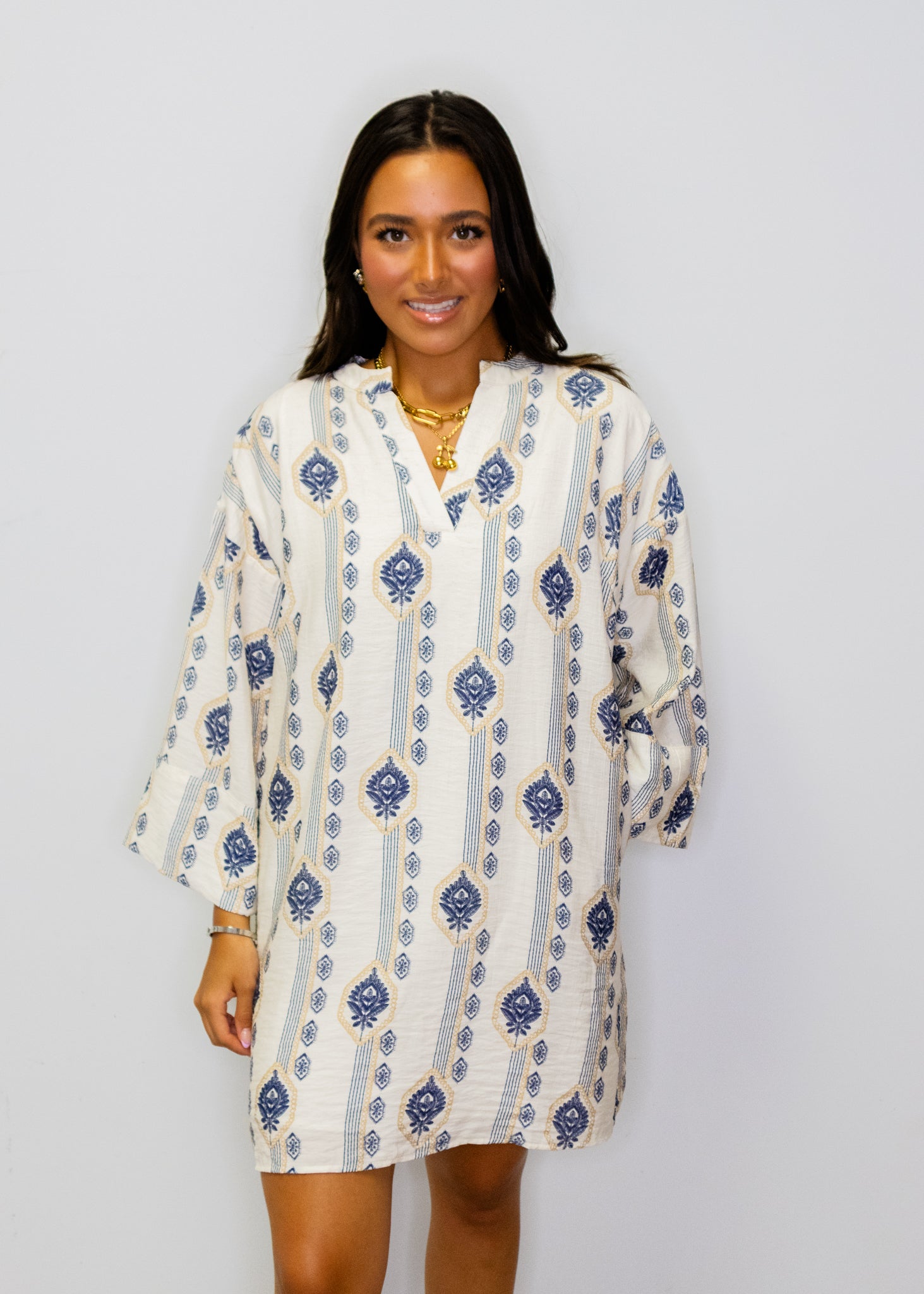 Navy & White Print Pocket Dress